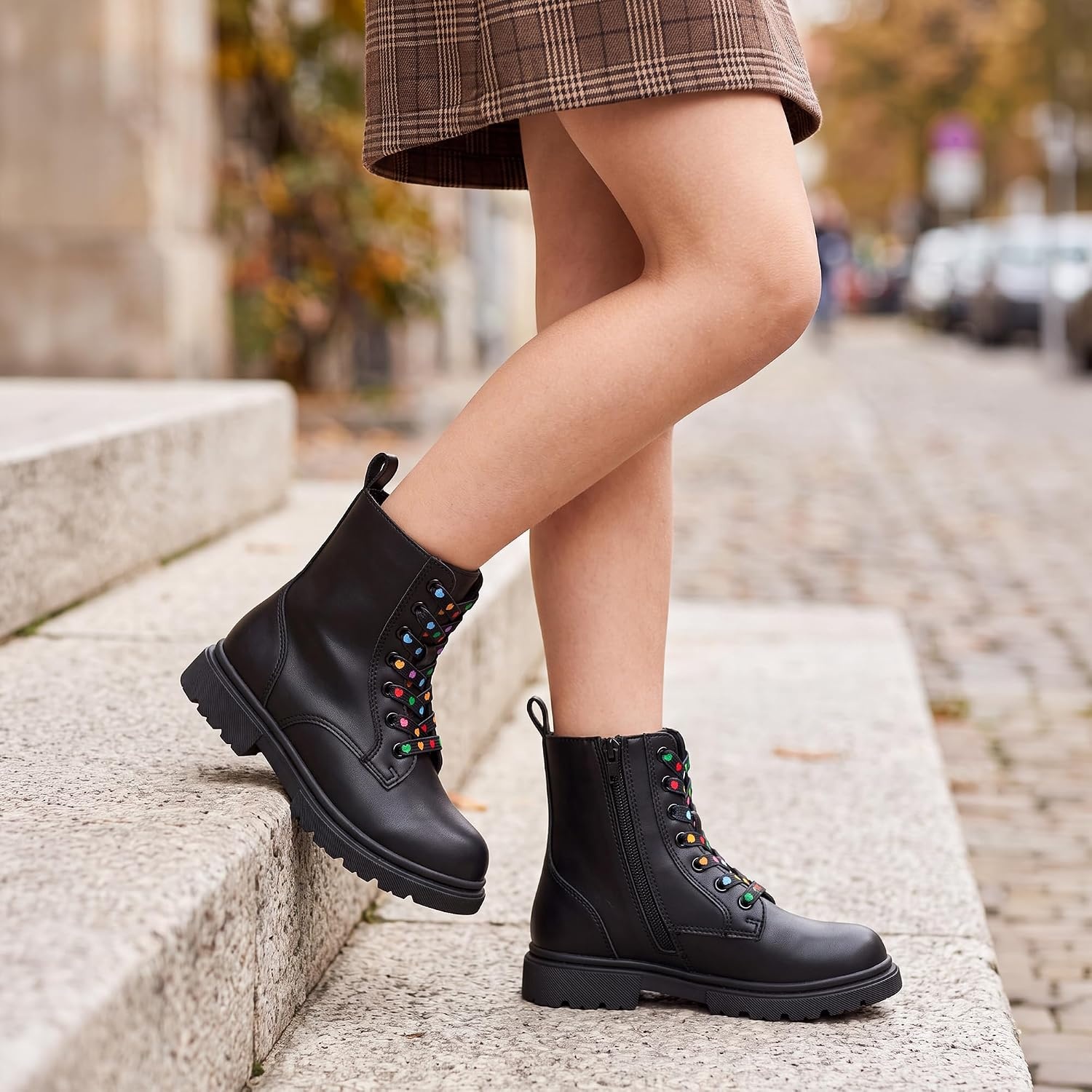 Stelle Girls Combat Ankle Boots with Printed Lace-Up and Side Zipper(Black)