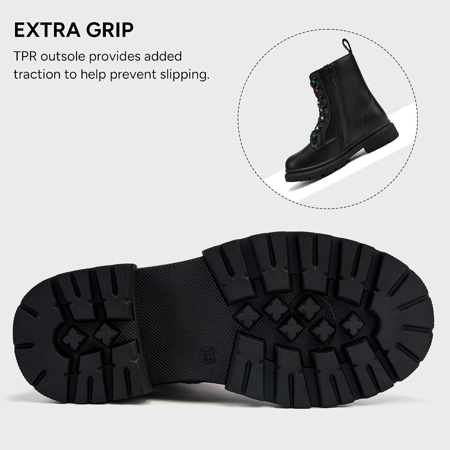 Stelle Girls Combat Ankle Boots with Printed Lace-Up and Side Zipper(Black)