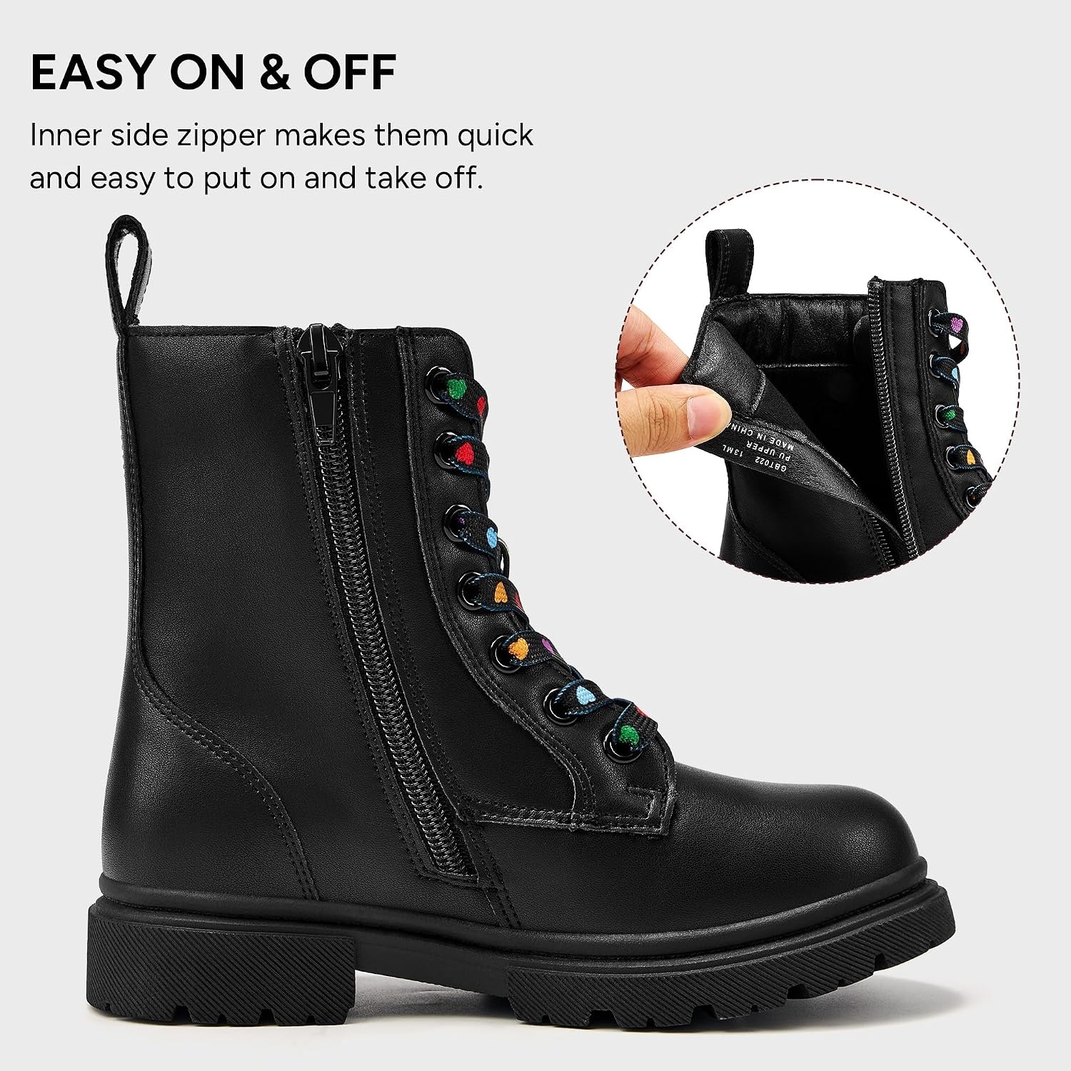 Stelle Girls Combat Ankle Boots with Printed Lace-Up and Side Zipper(Black)