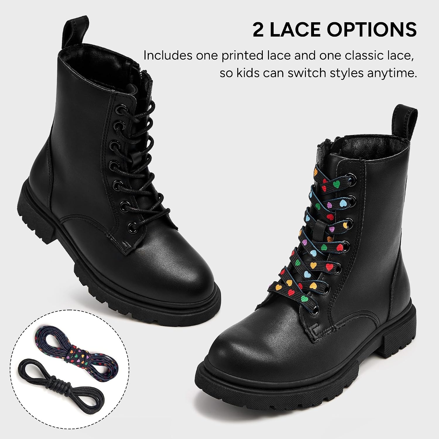 Stelle Girls Combat Ankle Boots with Printed Lace-Up and Side Zipper(Black)