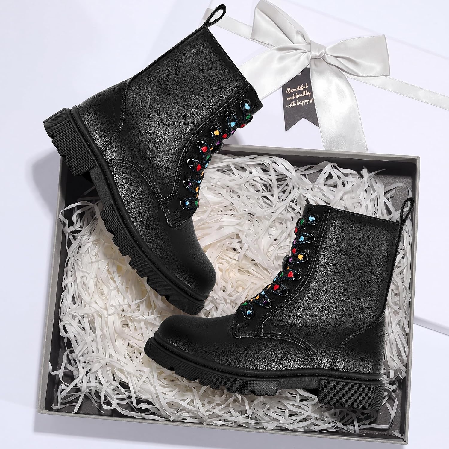 Stelle Girls Combat Ankle Boots with Printed Lace-Up and Side Zipper(Black)