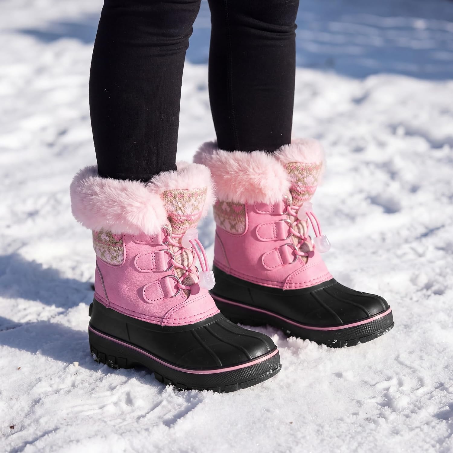 Stelle Girls Snow Boots with Faux Fur Collar Kids Winter Warm Boot(Bubblegum)