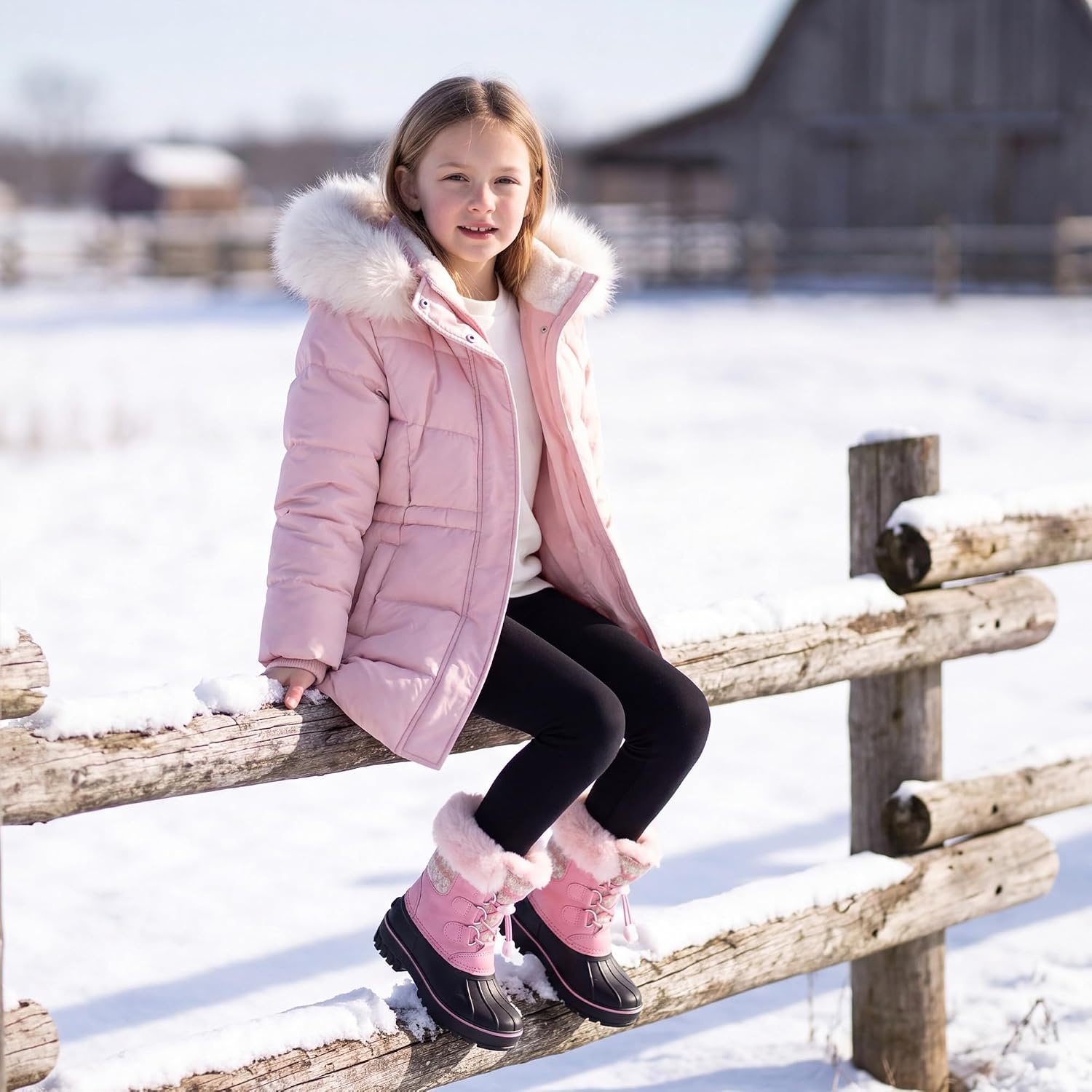Stelle Girls Snow Boots with Faux Fur Collar Kids Winter Warm Boot(Bubblegum)