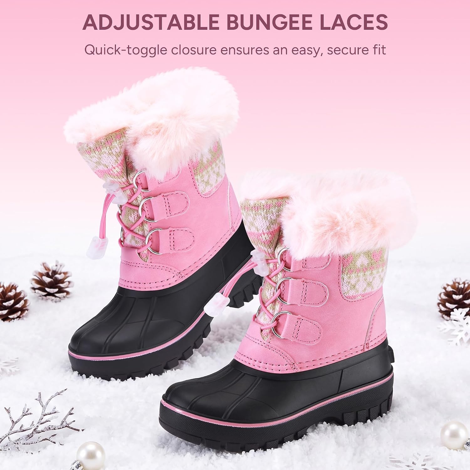 Stelle Girls Snow Boots with Faux Fur Collar Kids Winter Warm Boot(Bubblegum)