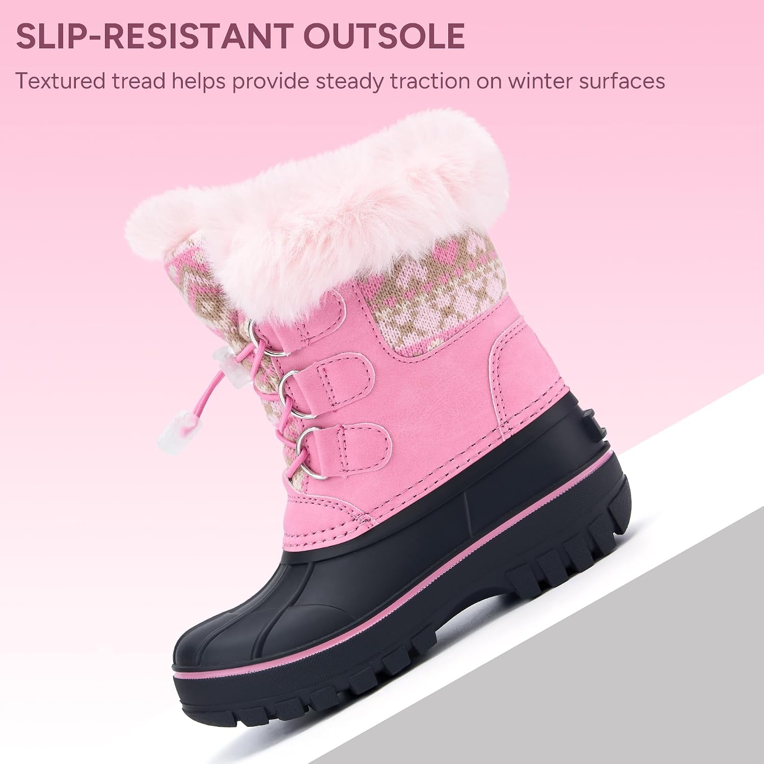Stelle Girls Snow Boots with Faux Fur Collar Kids Winter Warm Boot(Bubblegum)