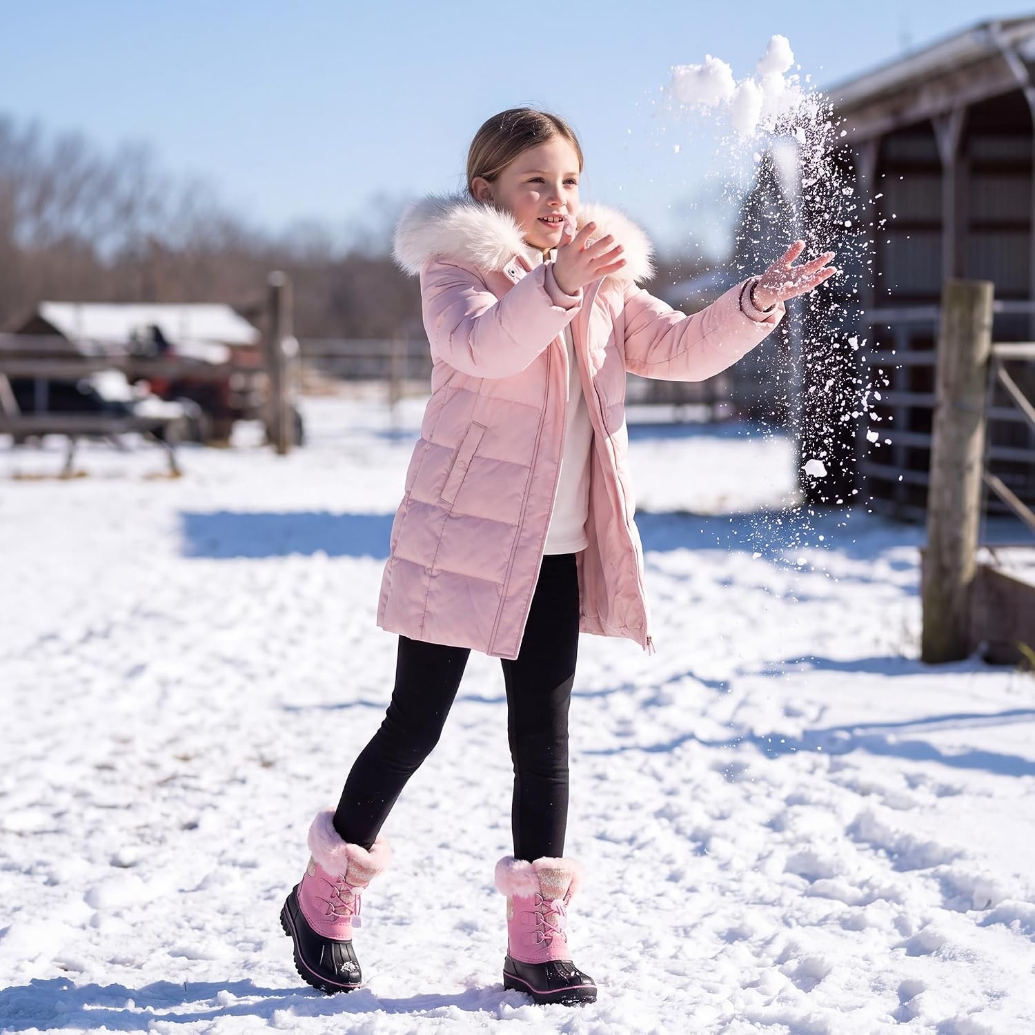 Stelle Girls Snow Boots with Faux Fur Collar Kids Winter Warm Boot(Bubblegum)