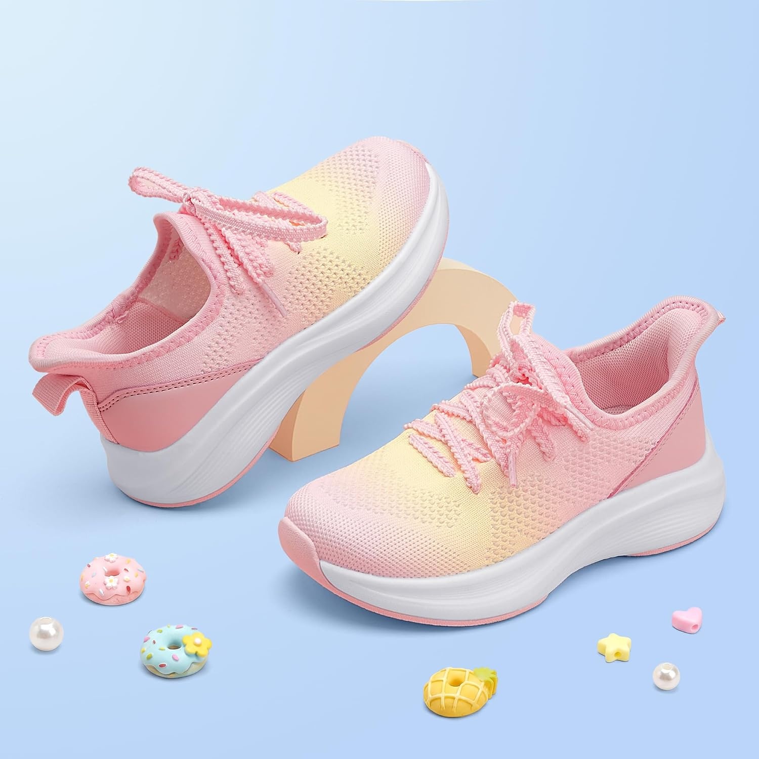 Stelle Girls Tennis Shoes with Slip-On Kids Running Shoes | Athletic Sneakers Non Slip Lightweight Breathable Walking Sport Shoes for Little/Big Kid(Rainbow Pink)