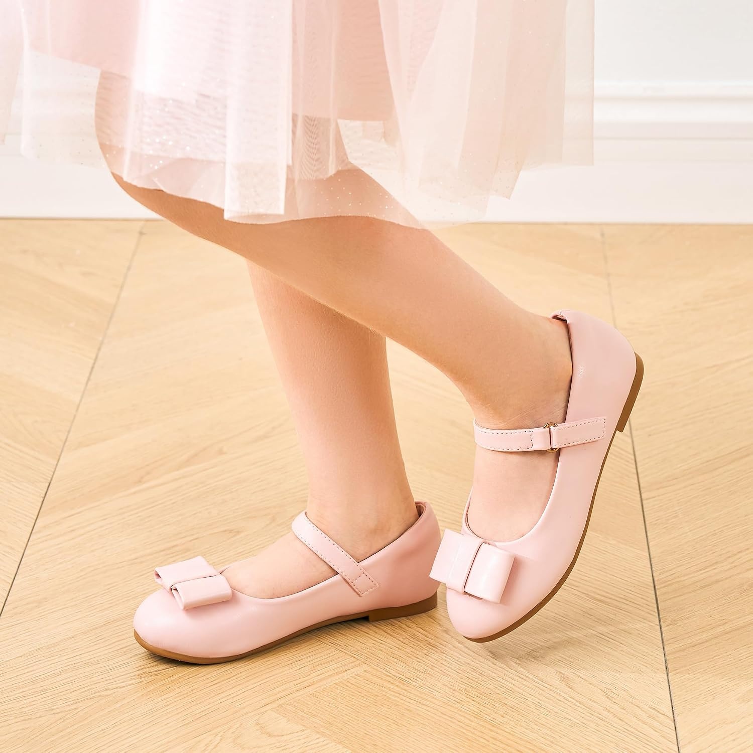 Stelle Dress Shoes for Girls Mary Jane Flats with Bow for School Party | Decorative bow, Hook-and-loop closure, Cushioned comfort, Flower girl, Flexible outsole, Patent finish, Wedding(Pink)