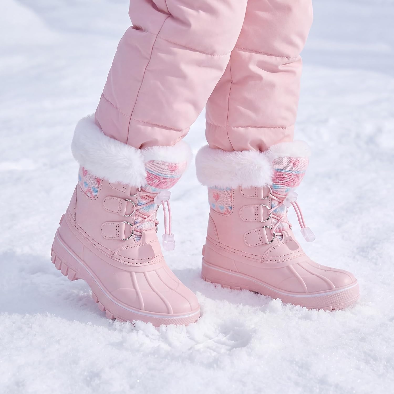 Stelle Girls Snow Boots with Faux Fur Collar Kids Winter Warm Boot(Light Pink)