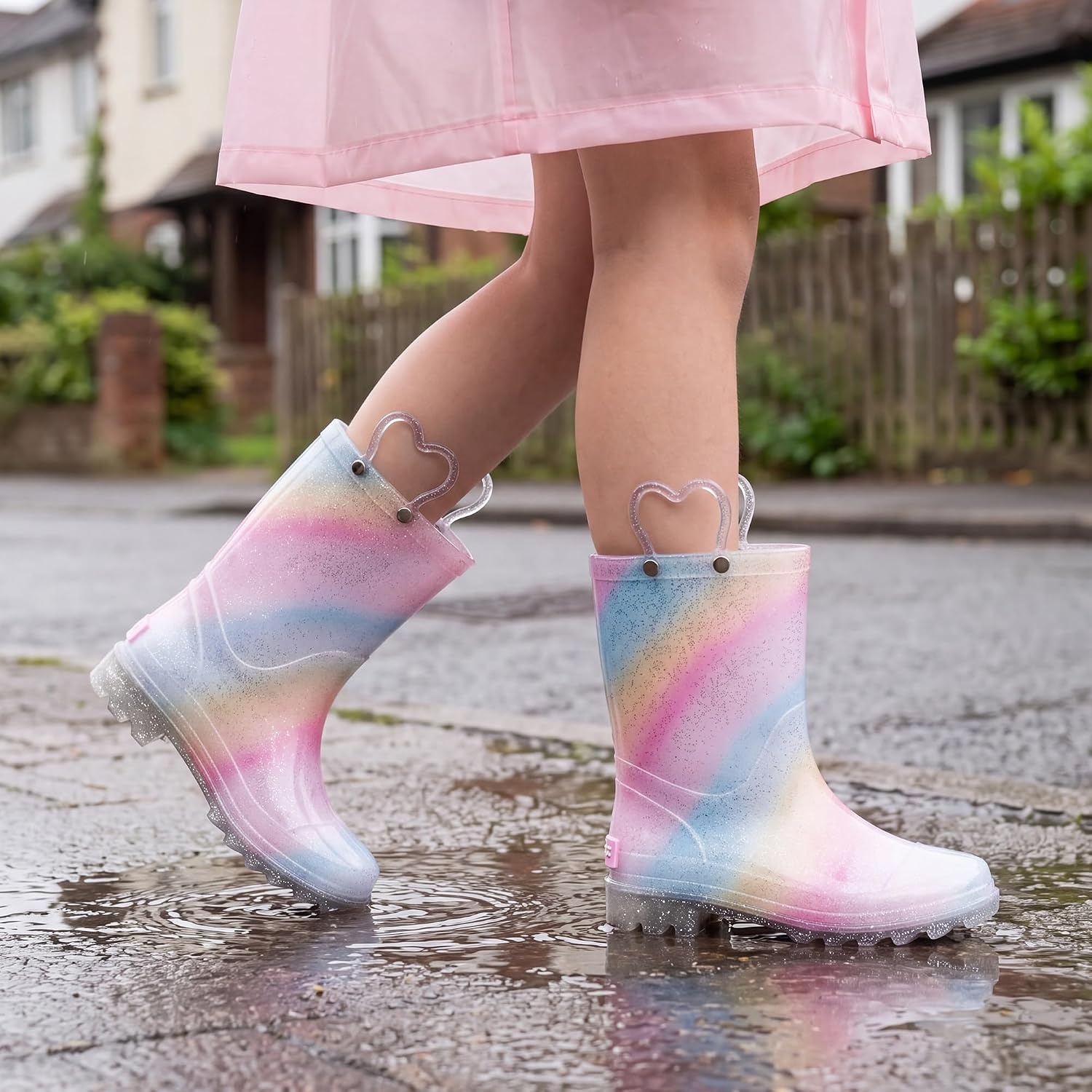 Stelle Girls Light Up Rain Boots for Toddler Kids Glitter Boots(Rainbow Stripe)
