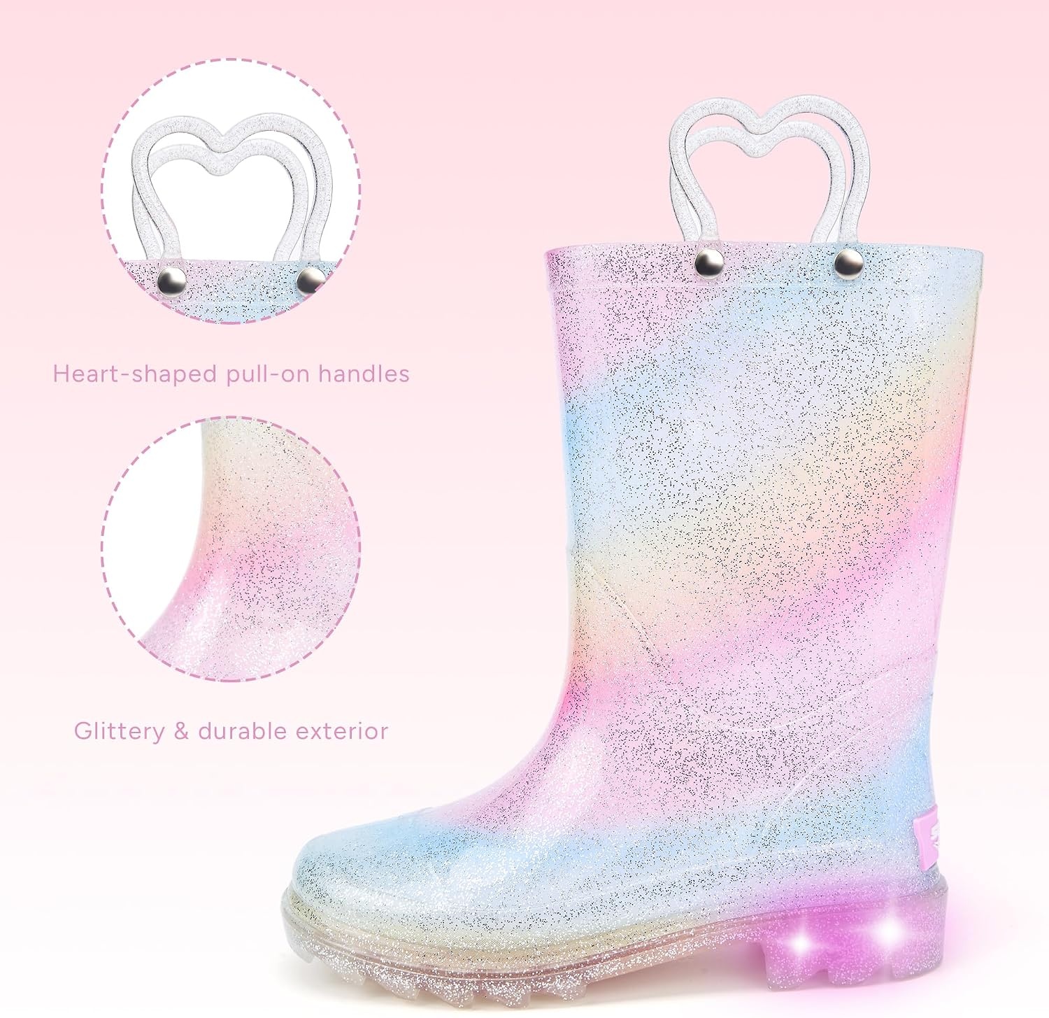 Stelle Girls Light Up Rain Boots for Toddler Kids Glitter Boots(Rainbow Stripe)