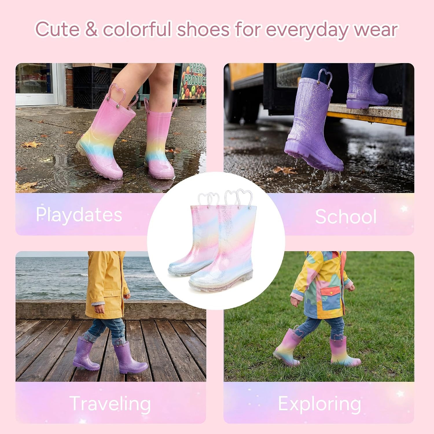 Stelle Girls Light Up Rain Boots for Toddler Kids Glitter Boots(Rainbow Stripe)