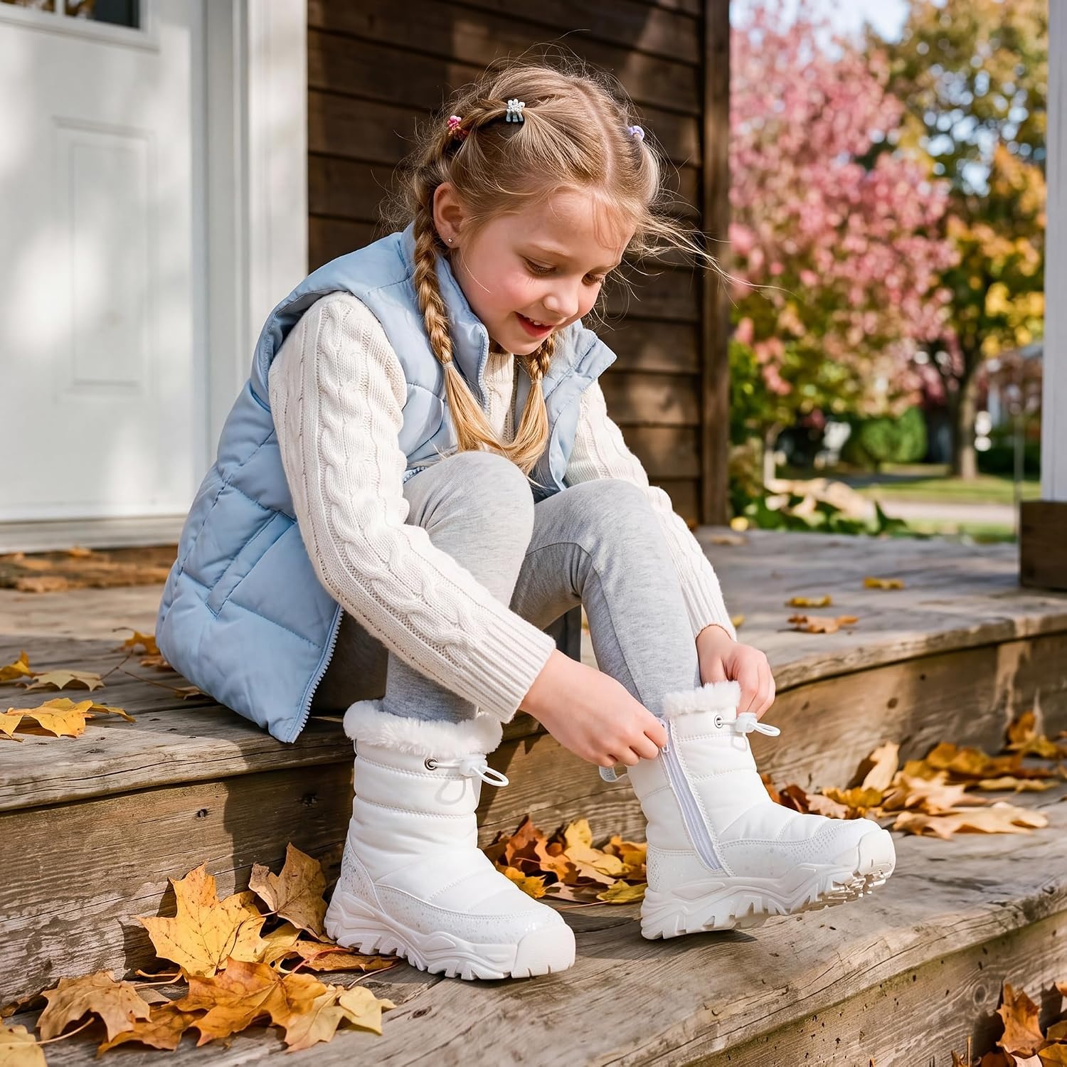 Stelle Toddler Girls Snow Boots Lightweight Pull-On Winter Boots(White)