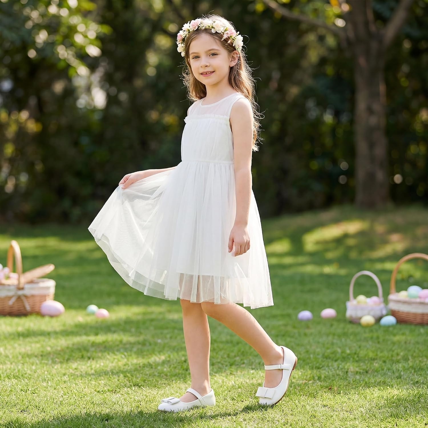 Stelle Girls Dress Shoes Toddler Mary Jane Shoes Flat with Bow for Toddler/Little Kids(White)