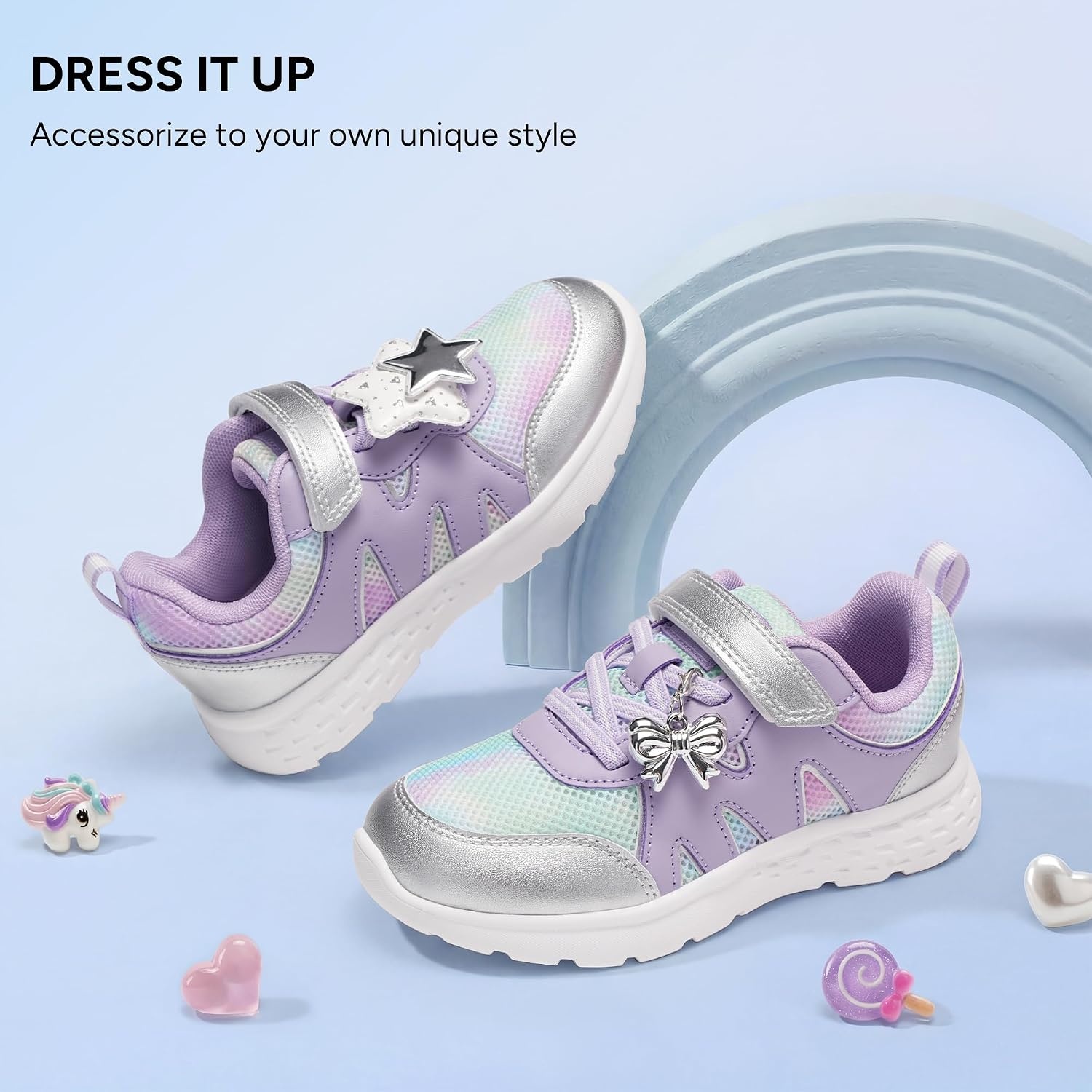 Stelle Girls Sneakers Kids Tennis Shoes with Non-Slip Sole Lightweight Breathable Athletic Sports Running Shoes for Toddler/Little Kid/Big Kid(Galactic Sherbet+charms)