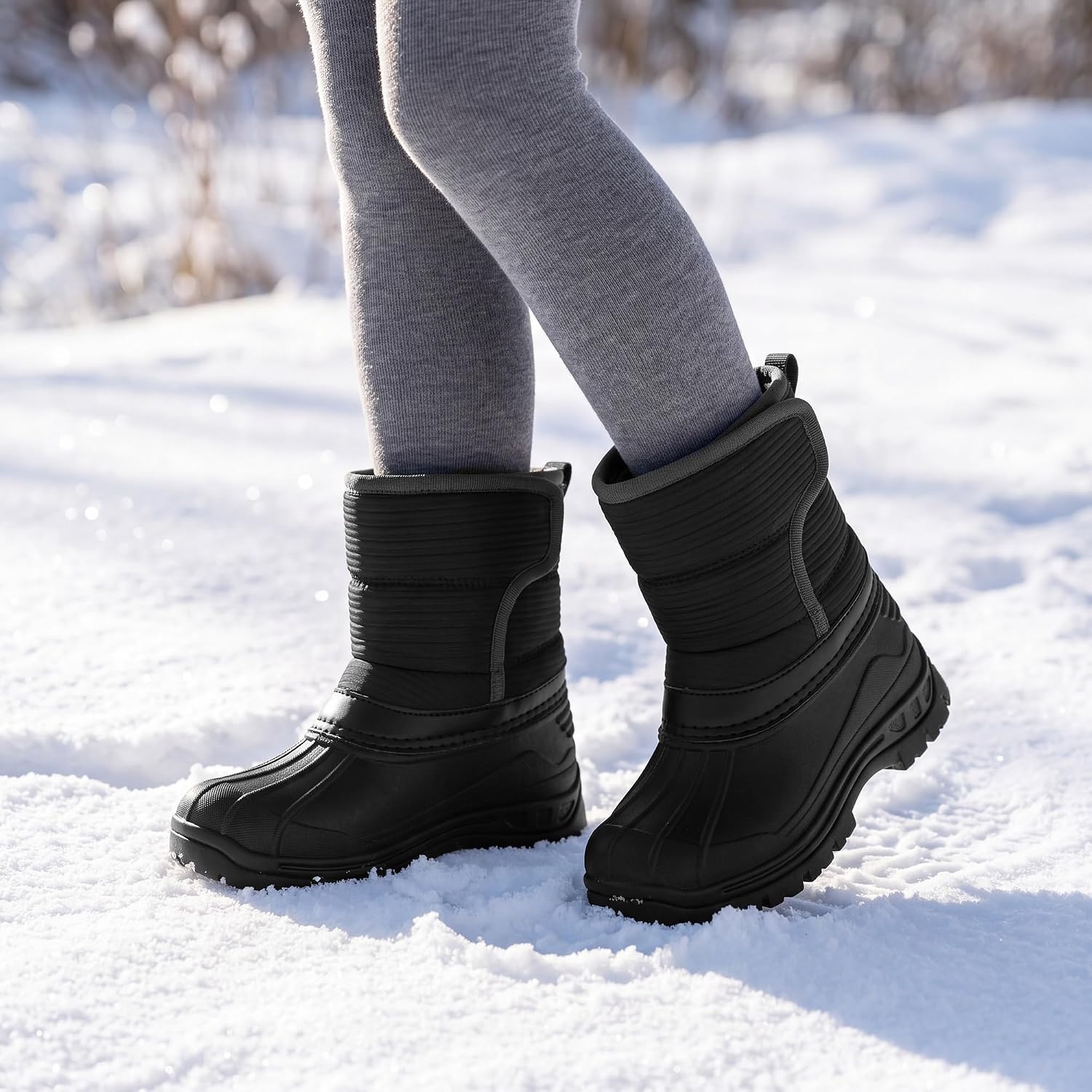 Stelle Girls Snow Boots Waterproof Easy-On Non-Slip Winter Boots(Black)