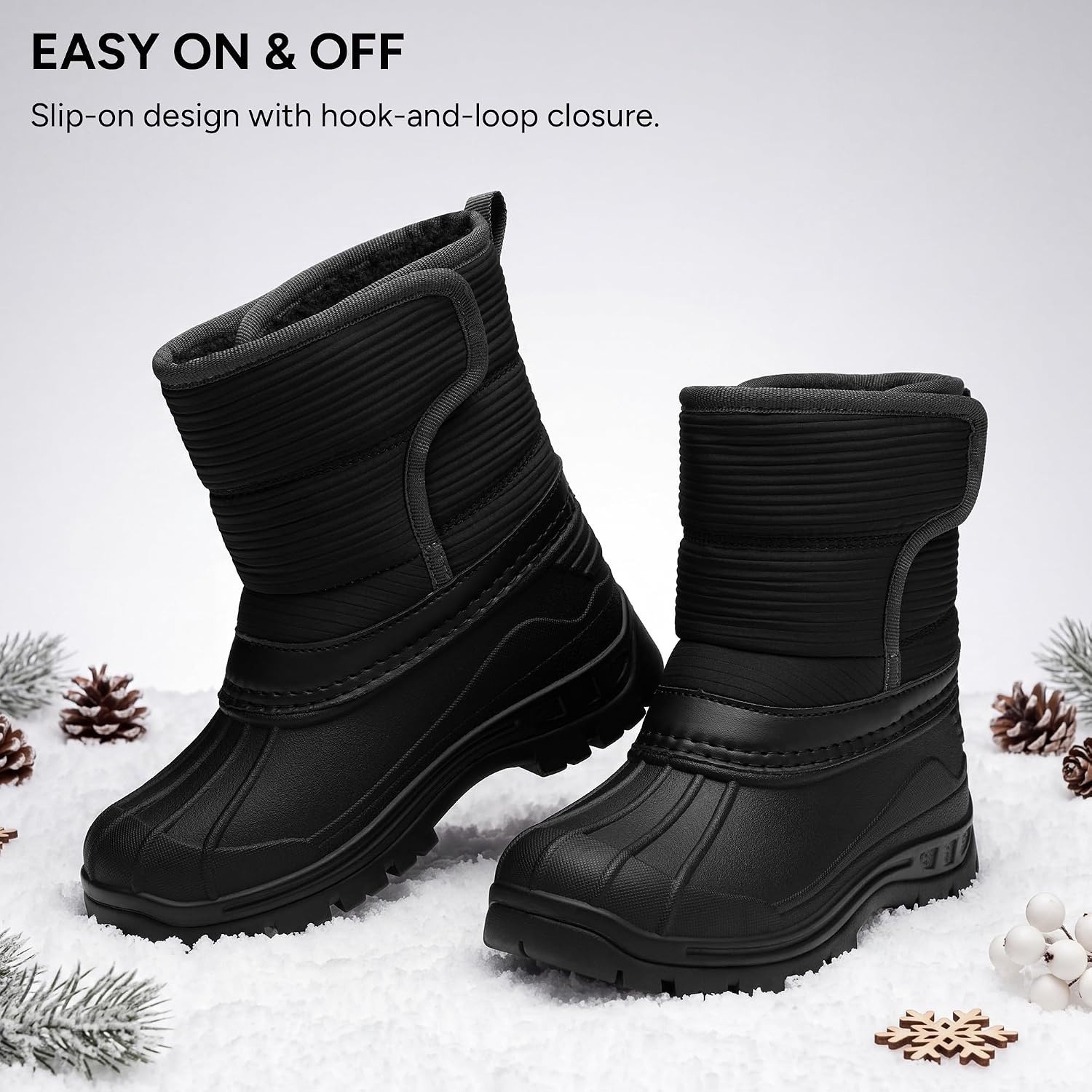 Stelle Girls Snow Boots Waterproof Easy-On Non-Slip Winter Boots(Black)