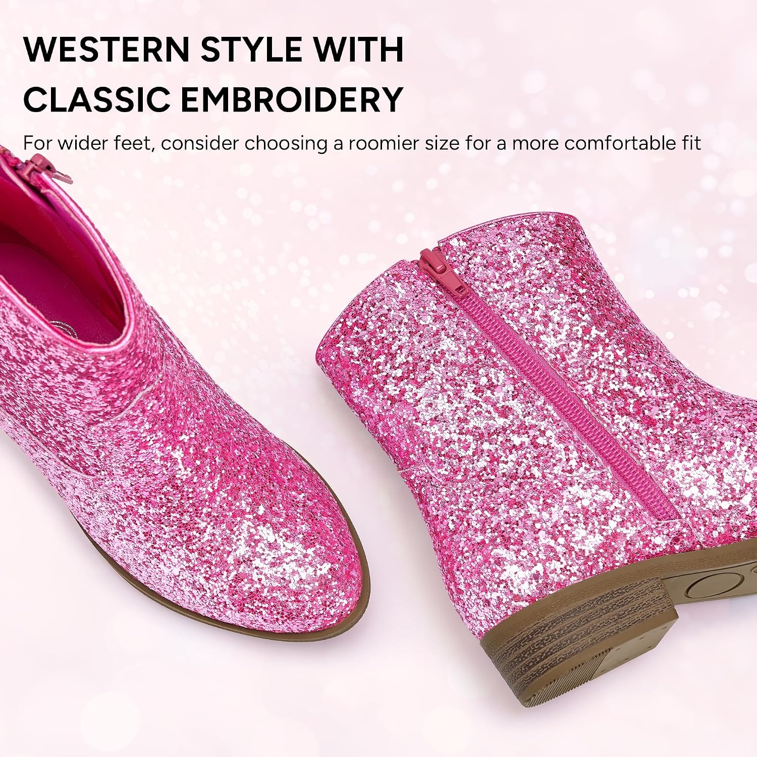 Stelle Girls Glitter Cowgirl Boots Kids Boys Cowboy Boots(Pink Glitter)