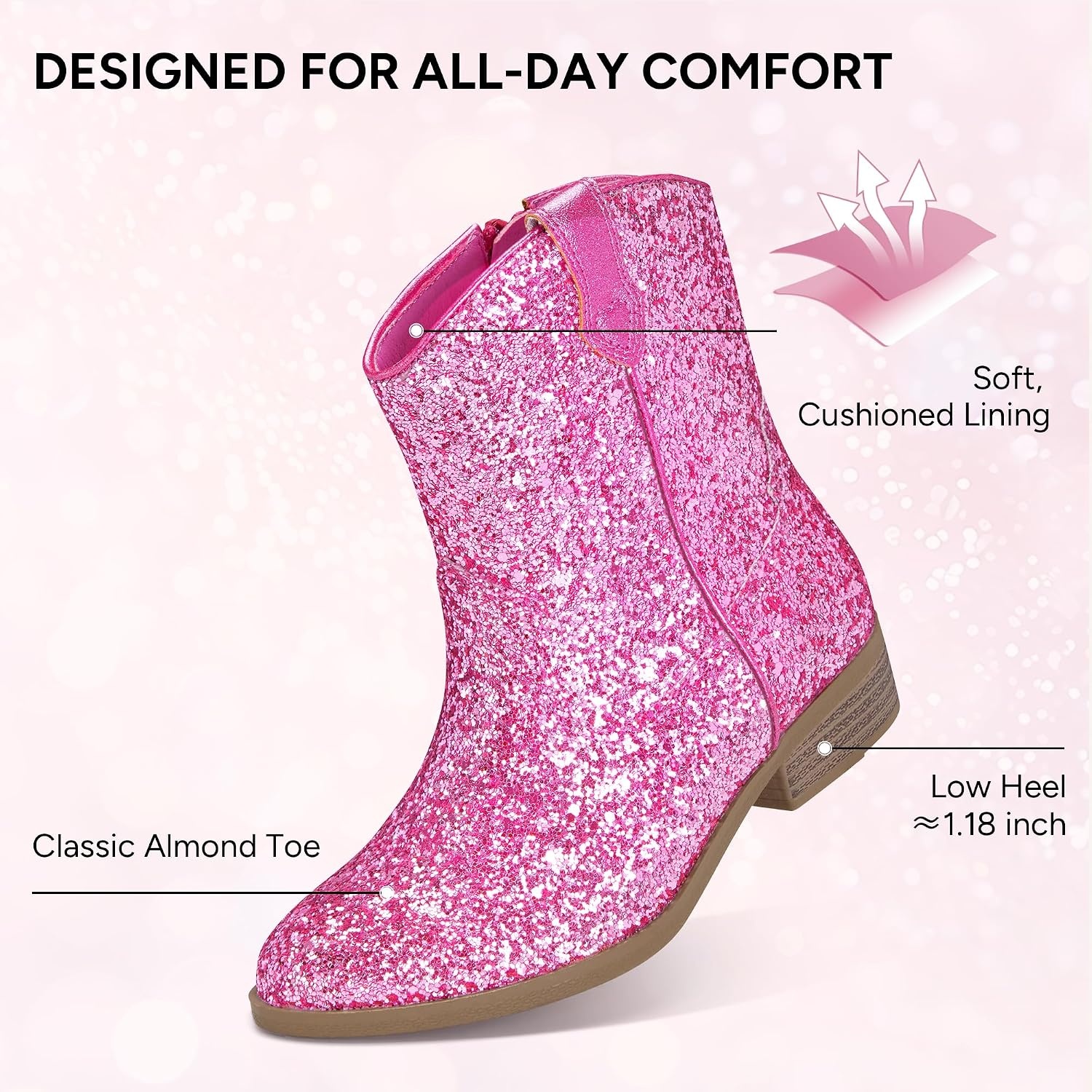 Stelle Girls Glitter Cowgirl Boots Kids Boys Cowboy Boots(Pink Glitter)
