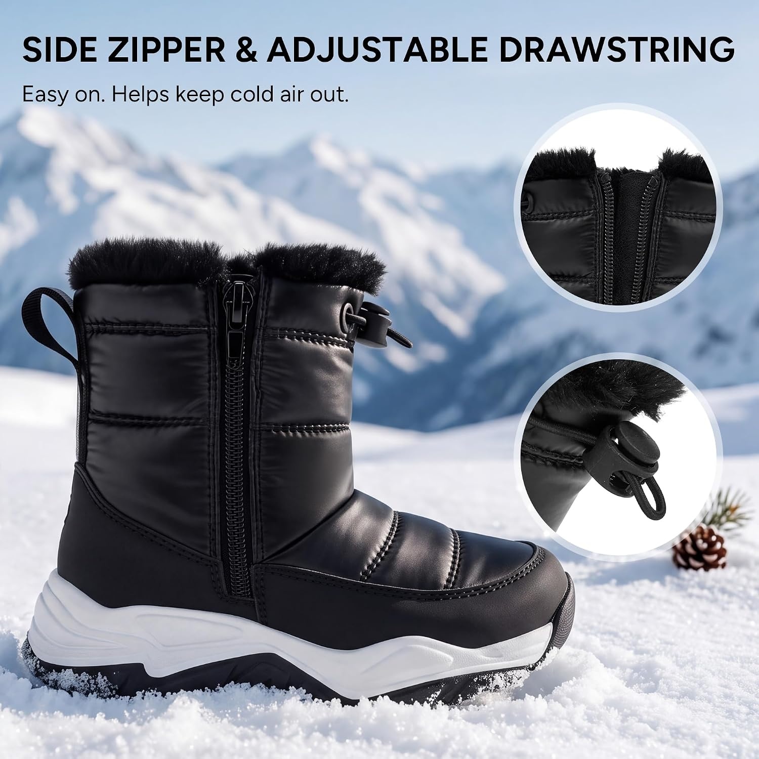 Stelle Toddler Girls Snow Boots Lightweight Pull-On Winter Boots(Black)