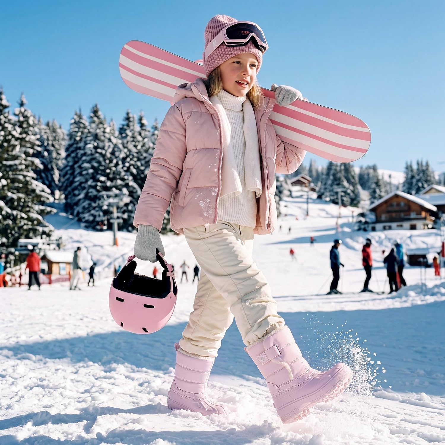 Stelle Kids Snow Boots with hook&loop Girls Boys Winter Warm Boots(Pink)