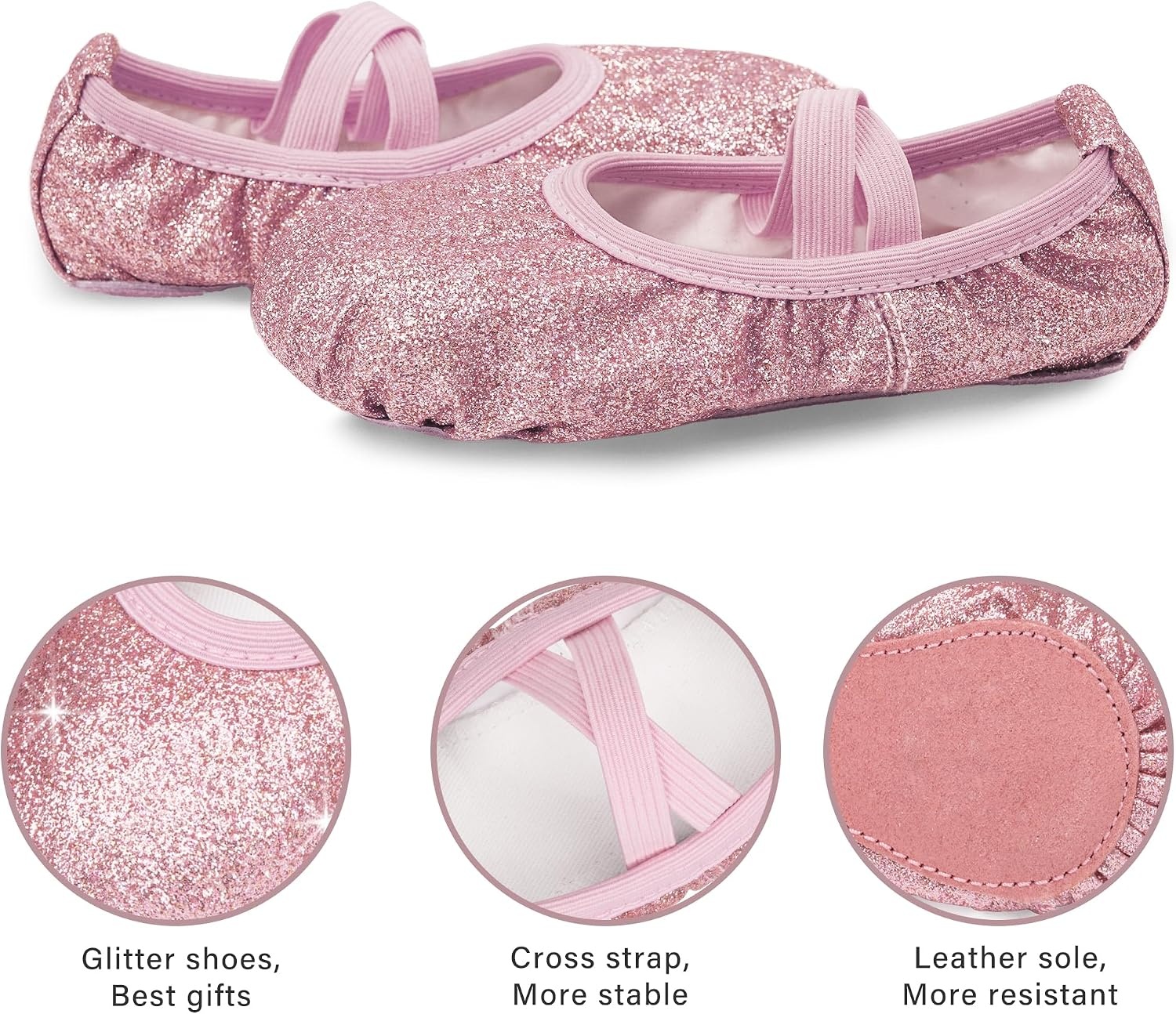 Stelle Ballet Shoes for Girls Glitter | Metallic Faux Leather Ballet Slippers Dance Shoes for Toddler/Little/Big Kids(Rose Glitter)