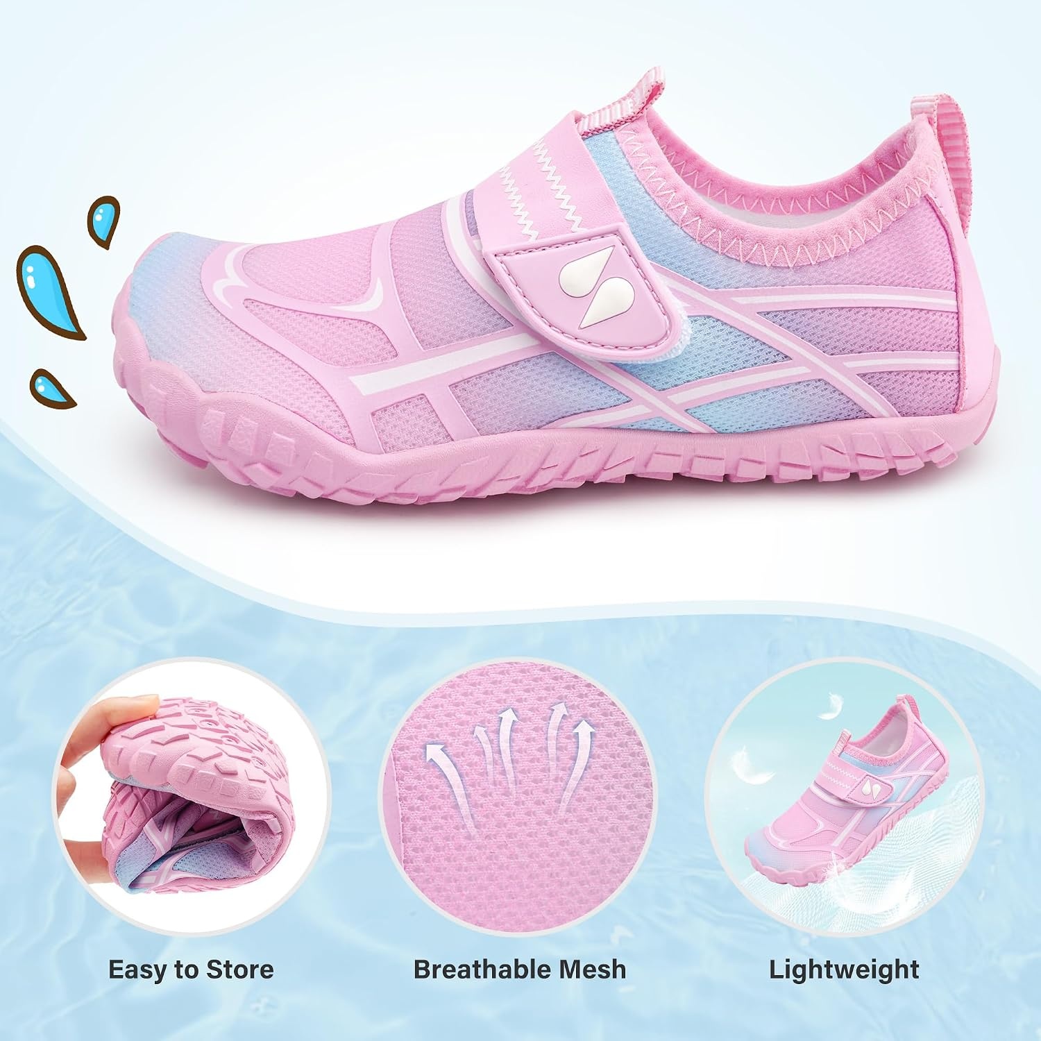 Stelle Kids Water Shoes Wide Toe Box Quick Dry Barefoot | Non-Slip Aqua Shoes,Breathable Mesh Upper for Beach,Swim,Pool and Outdoor Play,Fits Toddler to Big Kids(Pink Ombre)