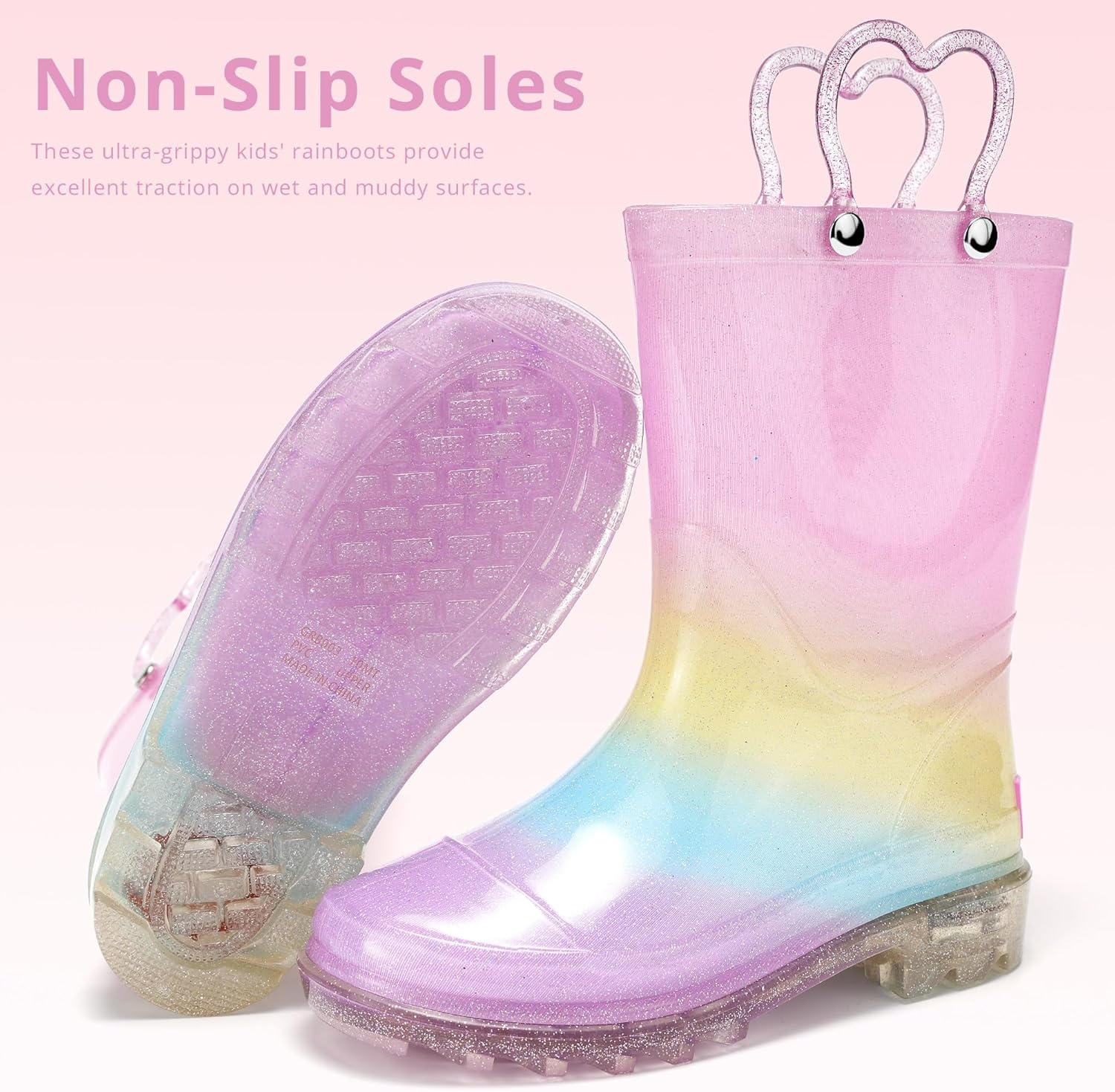 Stelle Girls Rain Boots for Kids Light Up Gitter Boots | Cute Heart Handles Non-Slip Outsole Waterproof Flexible Upper Lightweight Outdoor Play Rain Puddle Toddler to Big Kids(*Rainbow)