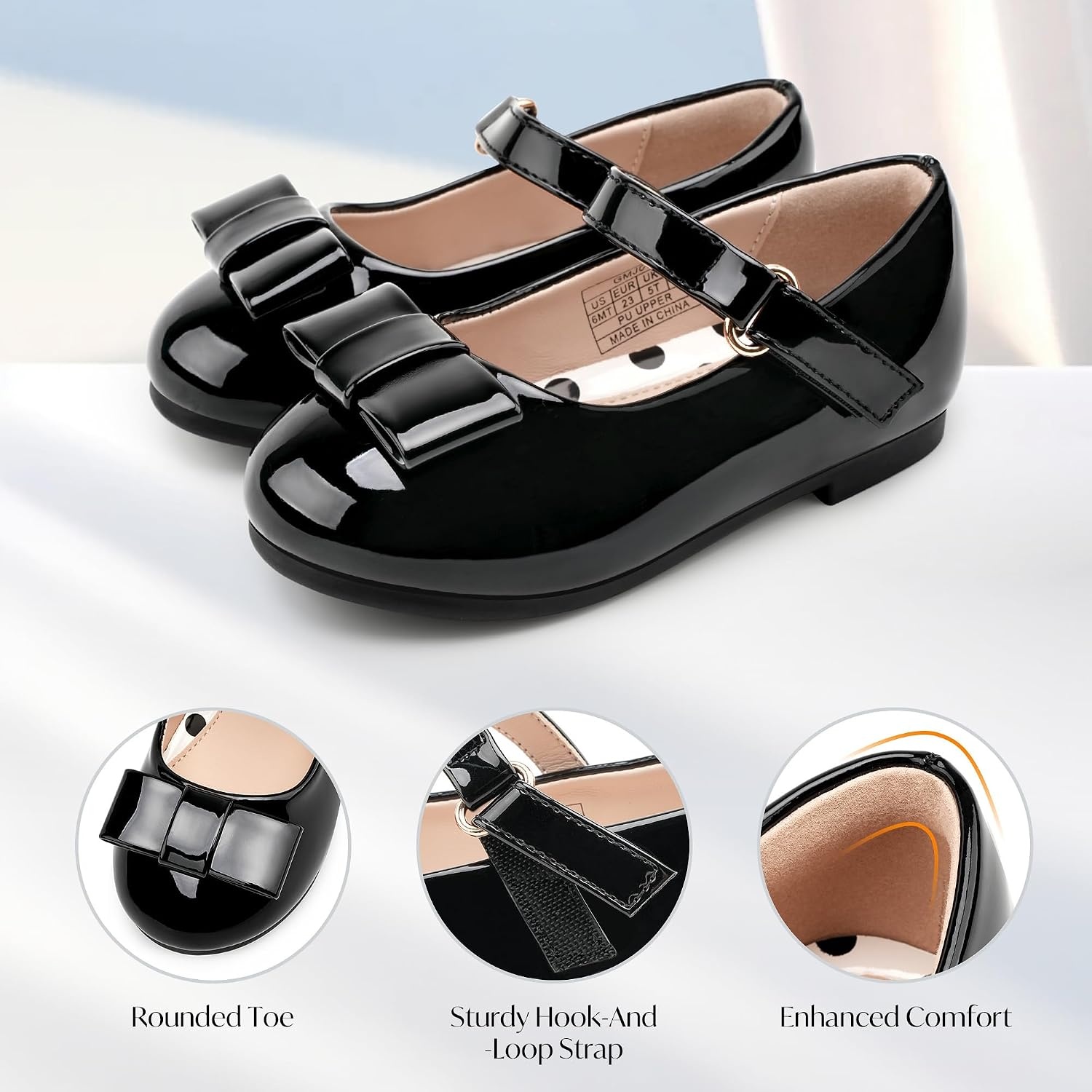 Stelle Dress Shoes for Girls Mary Jane Flats with Bow for School Party(Black)