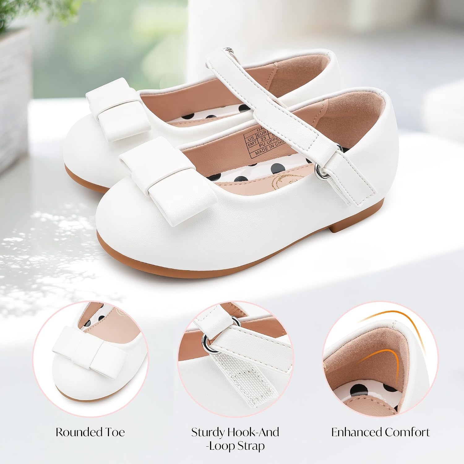 Stelle Dress Shoes for Girls Mary Jane Flats with Bow for School Party | Decorative bow, Hook-and-loop closure, Cushioned comfort, Flower girl, Flexible outsole, Patent finish, Wedding(White-2)