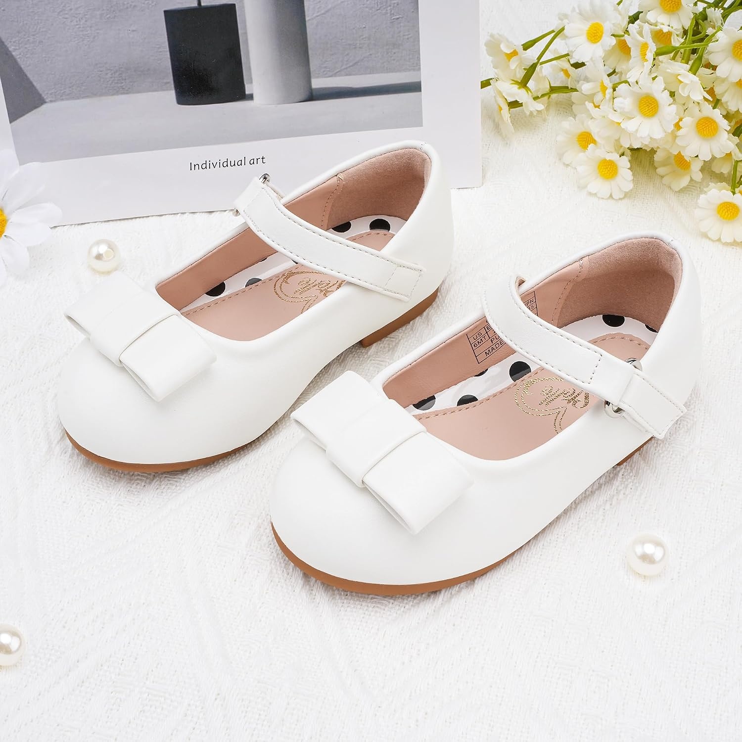 Stelle Dress Shoes for Girls Mary Jane Flats with Bow for School Party | Decorative bow, Hook-and-loop closure, Cushioned comfort, Flower girl, Flexible outsole, Patent finish, Wedding(White-2)