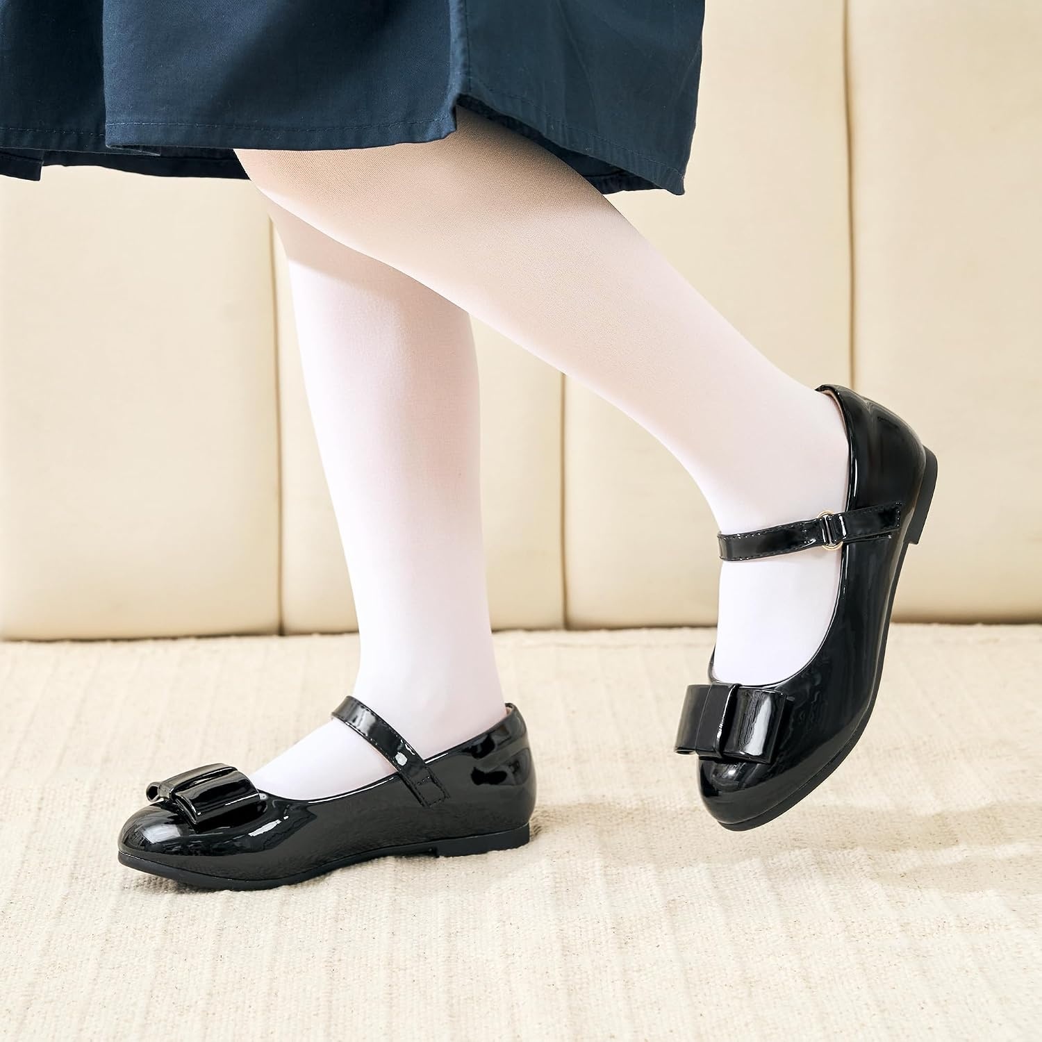 Stelle Dress Shoes for Girls Mary Jane Flats with Bow for School Party | Decorative bow, Hook-and-loop closure, Cushioned comfort, Flower girl, Flexible outsole, Patent finish, Wedding(Black)