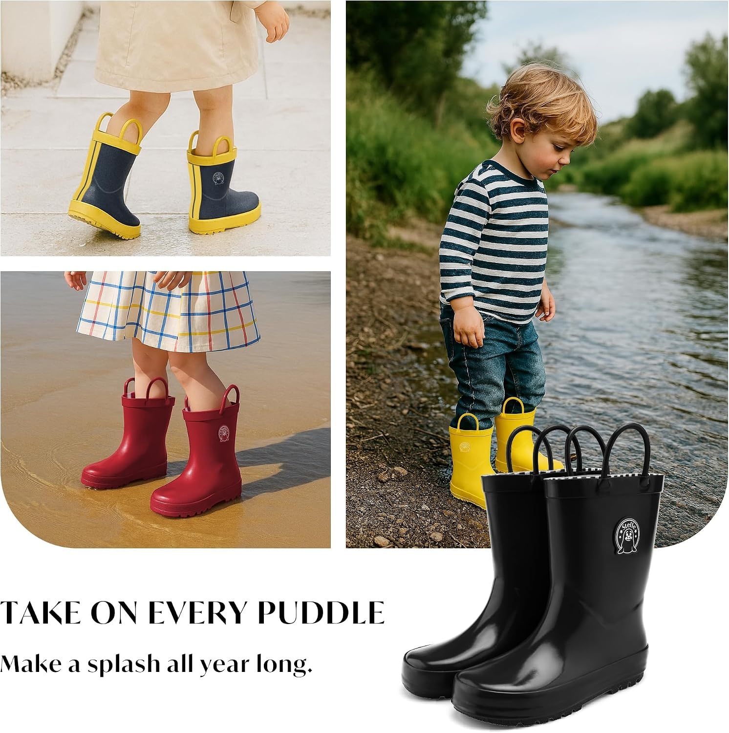 Stelle Kids Rain Boots for Boys Girls Outdoor Play and Rainy Days(Black)