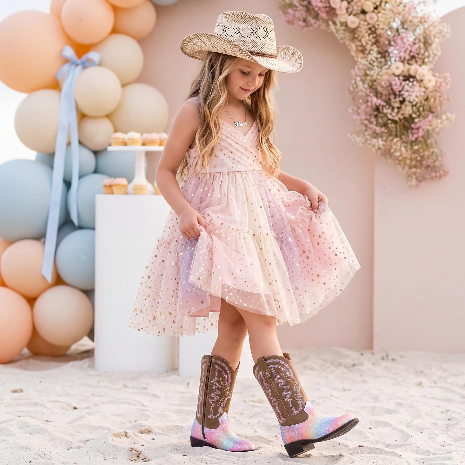 Stelle Cowgirl Boots for Girls Kids Boys Cowboy Boots(Rainbow Glitter)
