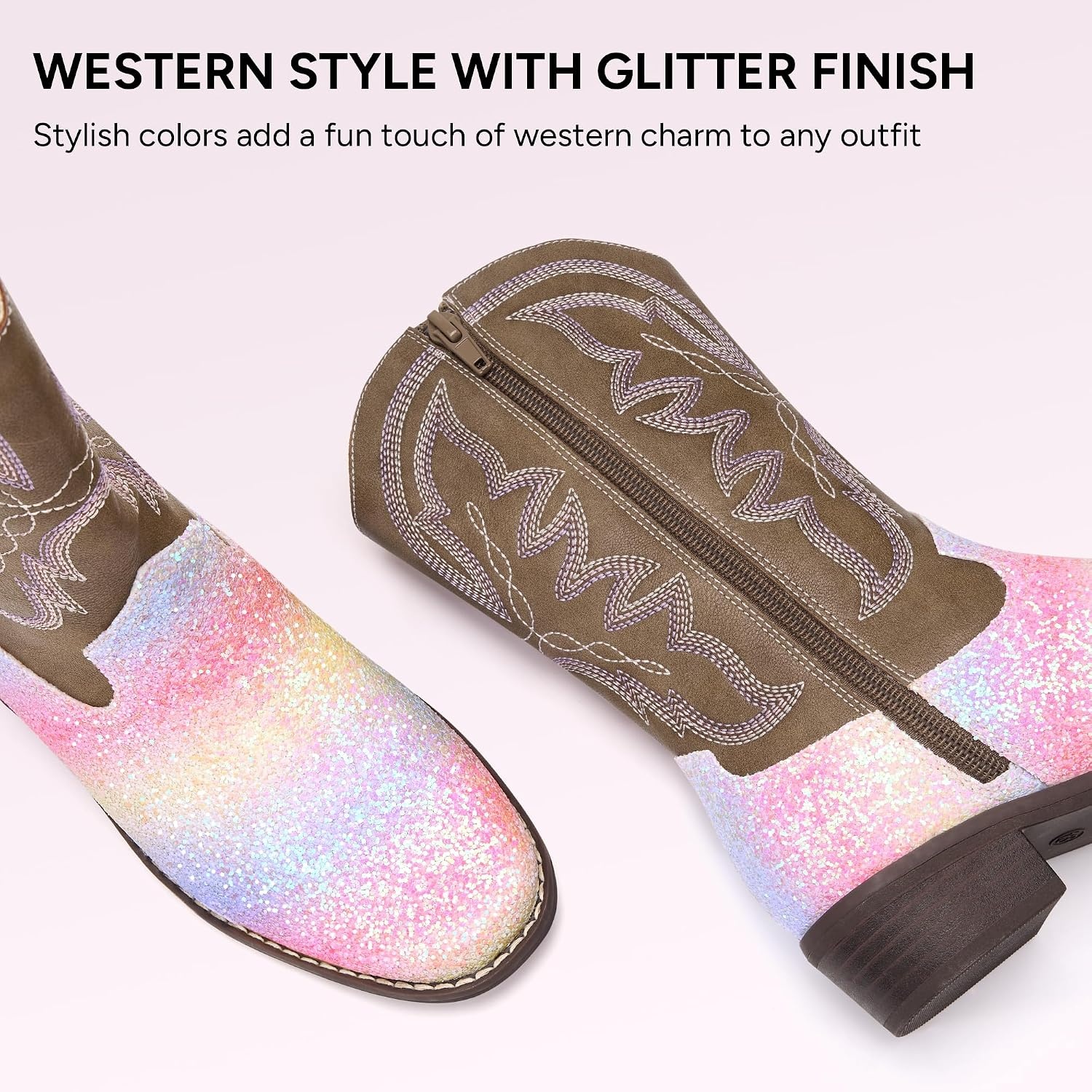 Stelle Cowgirl Boots for Girls Kids Boys Cowboy Boots(Rainbow Glitter)