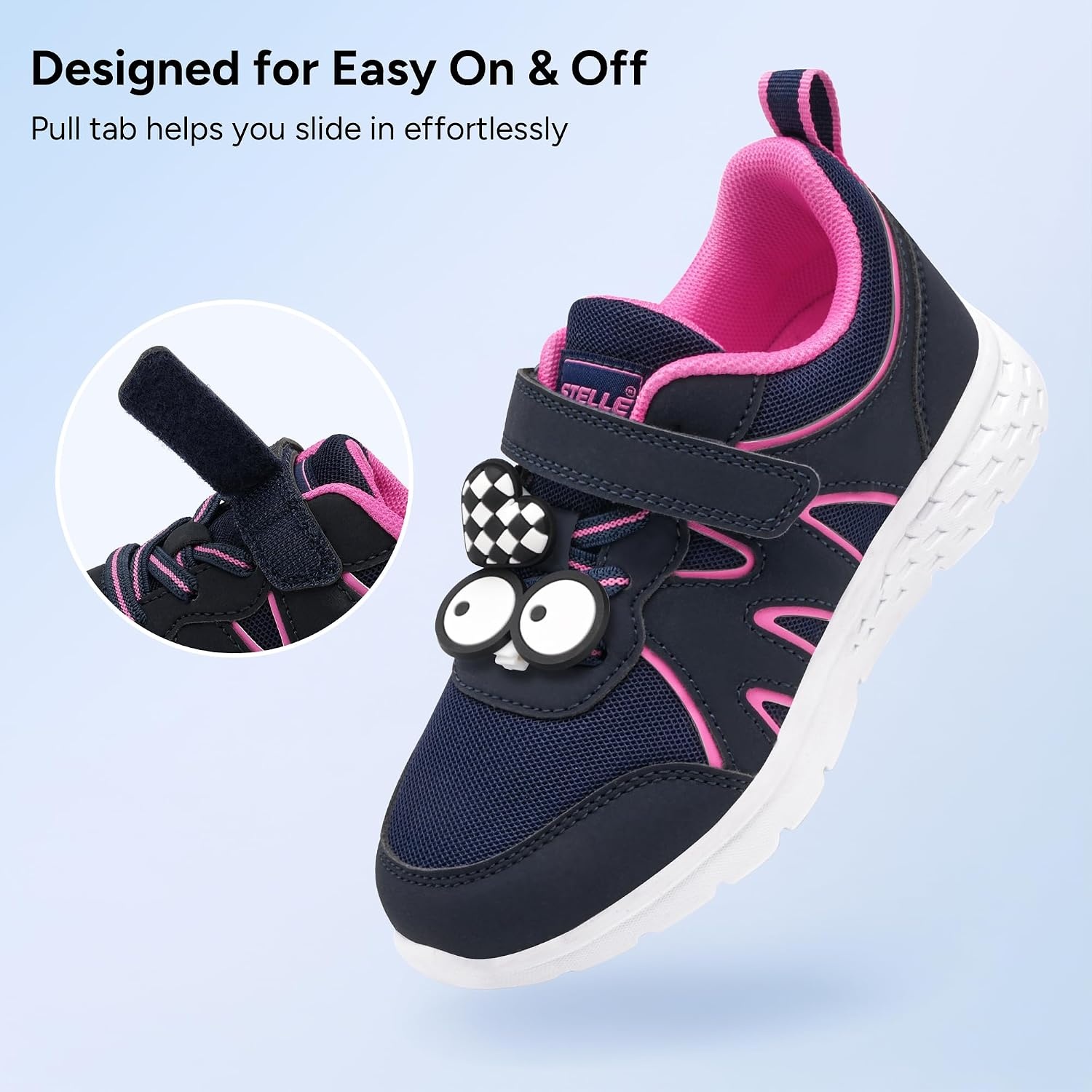 Stelle Girls Sneakers Kids Tennis Shoes with Non-Slip Sole Lightweight Breathable Athletic Sports Running Shoes for Toddler/Little Kid/Big Kid(Navy+charms)