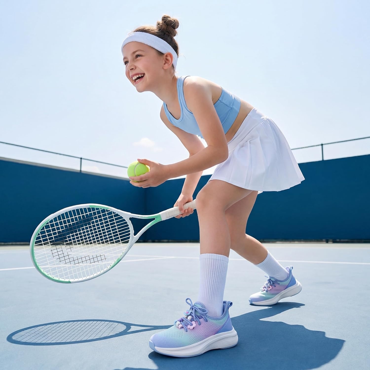 Stelle Girls Sneakers Kids Tennis Running Walking Shoes Slip-On Athletic Non Slip Lightweight Breathable Sport Shoes for Little/Big Kid(Ocean Ombre)