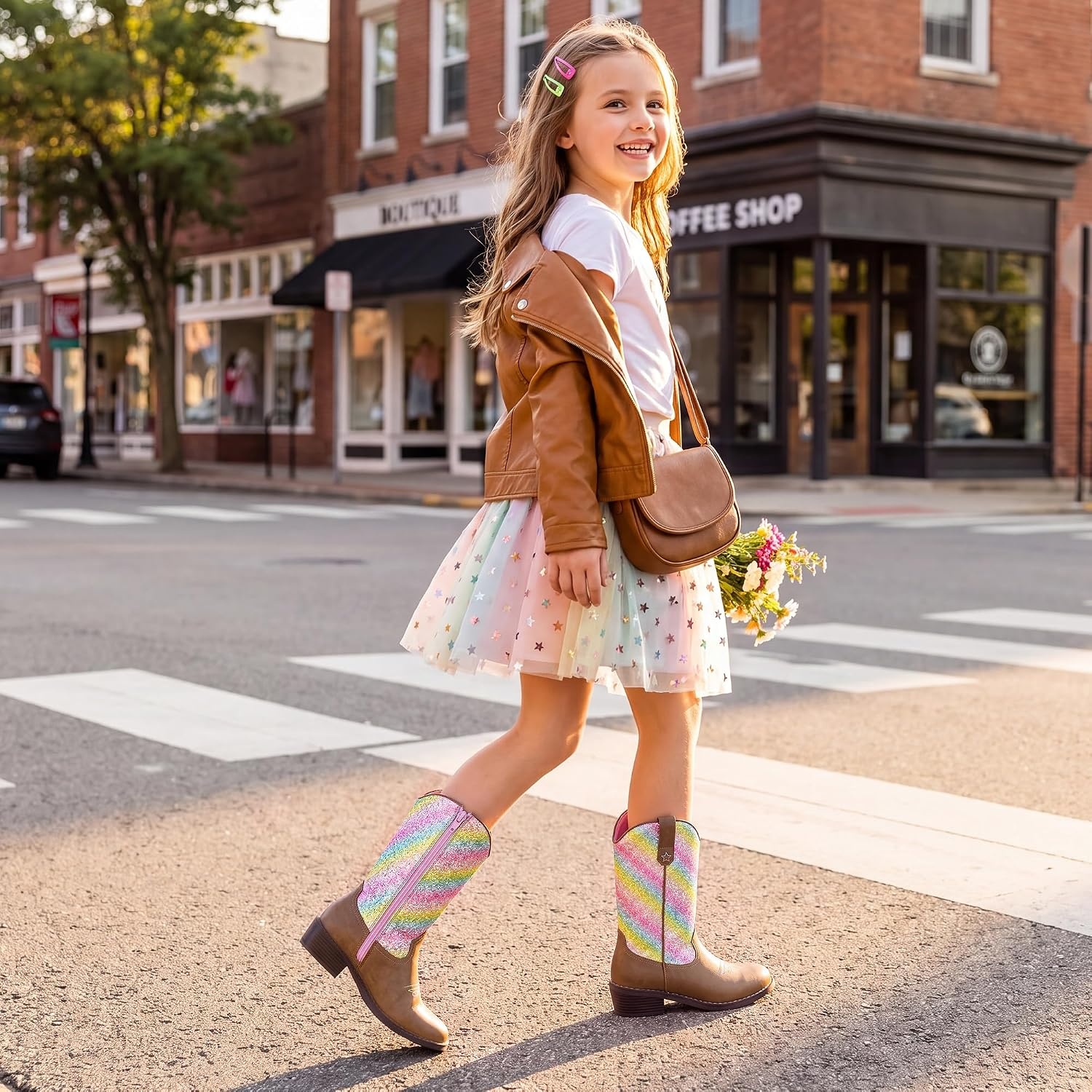 Stelle Cowgirl Boots for Girls Kids Boys Cowboy Boots(Rainbow Sparkle)