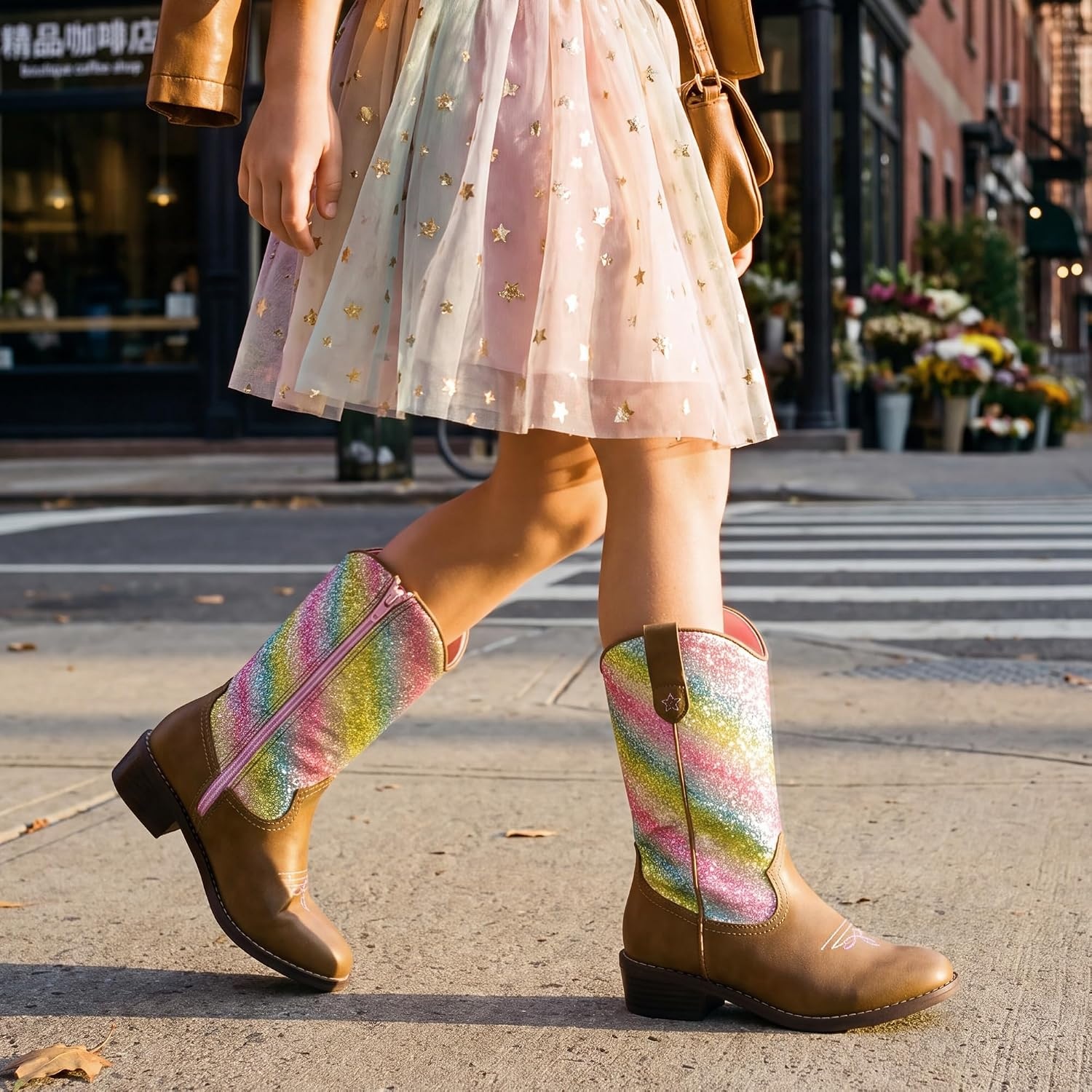 Stelle Cowgirl Boots for Girls Kids Boys Cowboy Boots(Rainbow Sparkle)