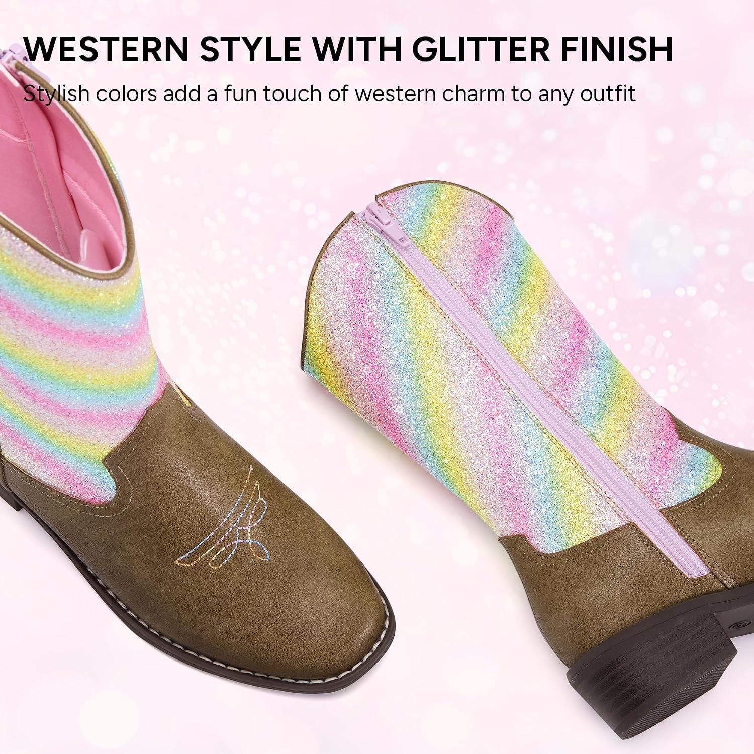 Stelle Cowgirl Boots for Girls Kids Boys Cowboy Boots(Rainbow Sparkle)