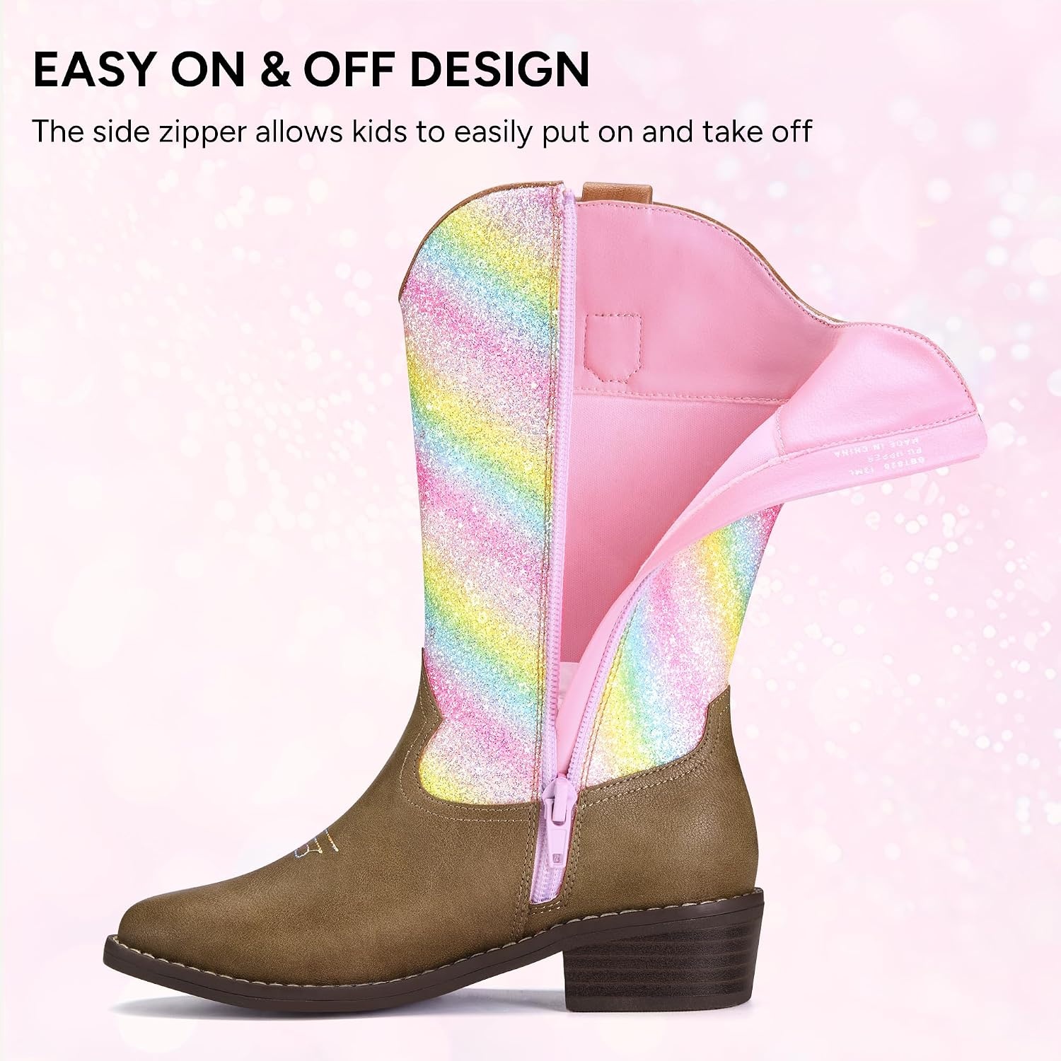Stelle Cowgirl Boots for Girls Kids Boys Cowboy Boots(Rainbow Sparkle)