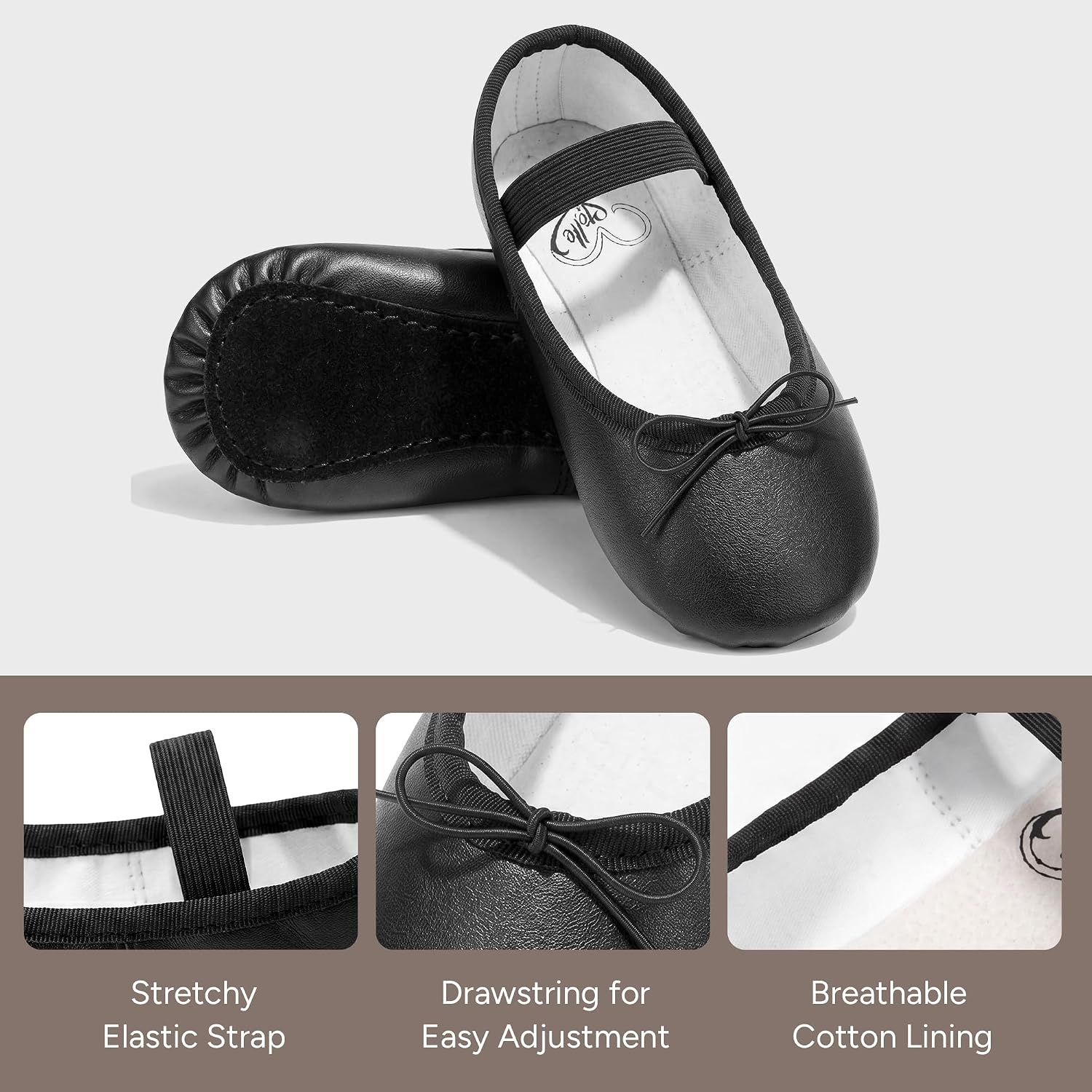 Stelle Toddler Ballet Shoes PU Leather Upper Drawstring | Ballerina Dance Slippers, Soft Lining, Full Sole Support, Elastic Straps, Flexible Movement, Ballet Training, Recitals(Black)