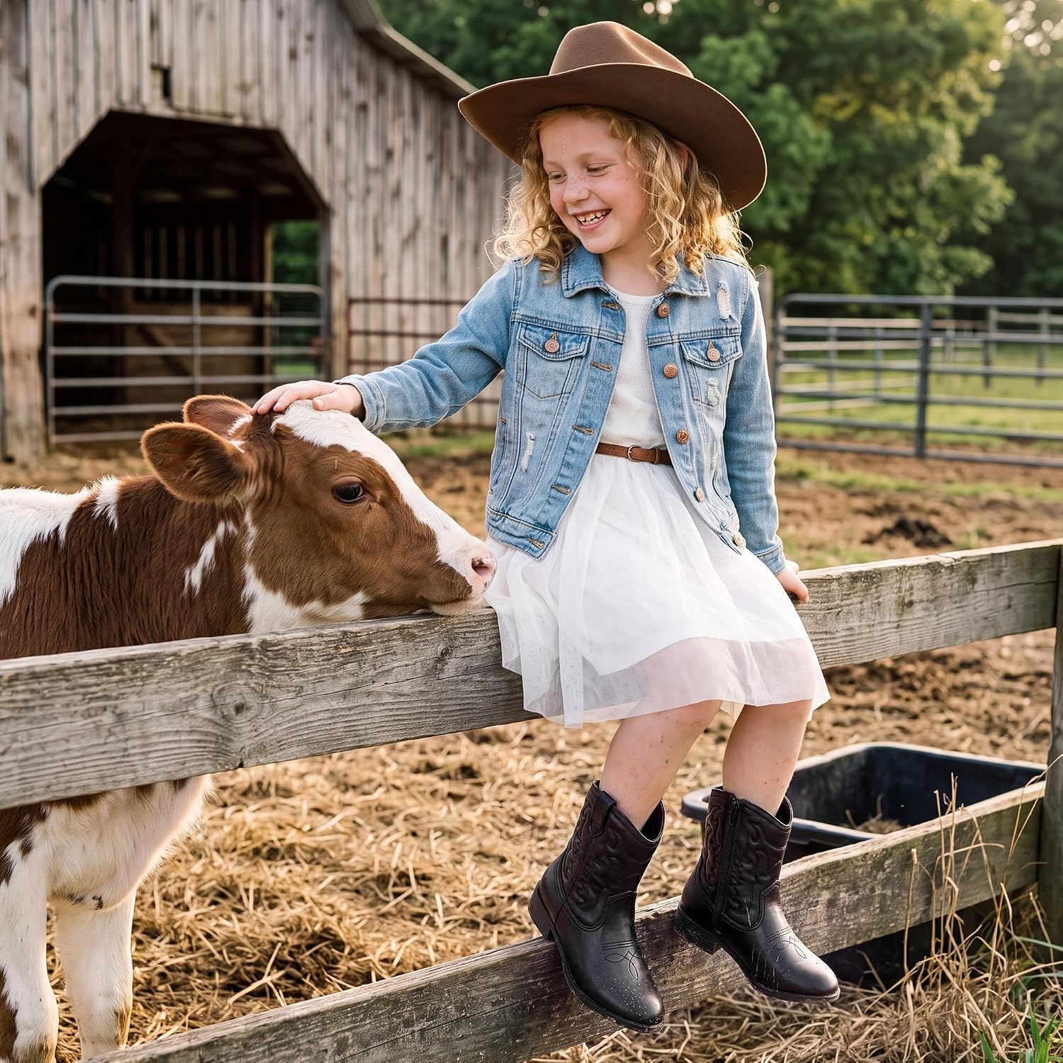 Stelle Girls Glitter Cowgirl Boots Toddler Kids Cowboy Boots(Black)