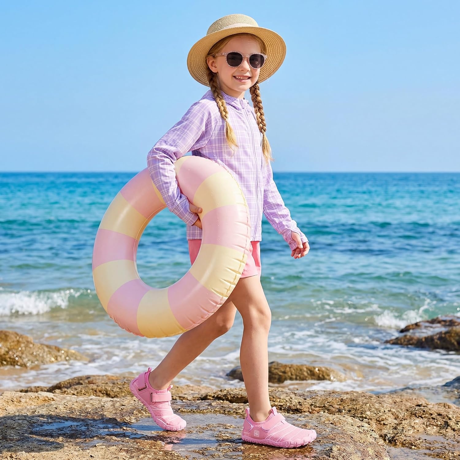 Stelle Kids Water Shoes Lightweight Quick Dry Barefoot for Boys and Girls | Double Hook-and-Loop Straps with Reinforced Toe Box for Beach,Pool,Swim,Hiking and Outdoor Play,Fits Toddler to Big Kids(Pink)