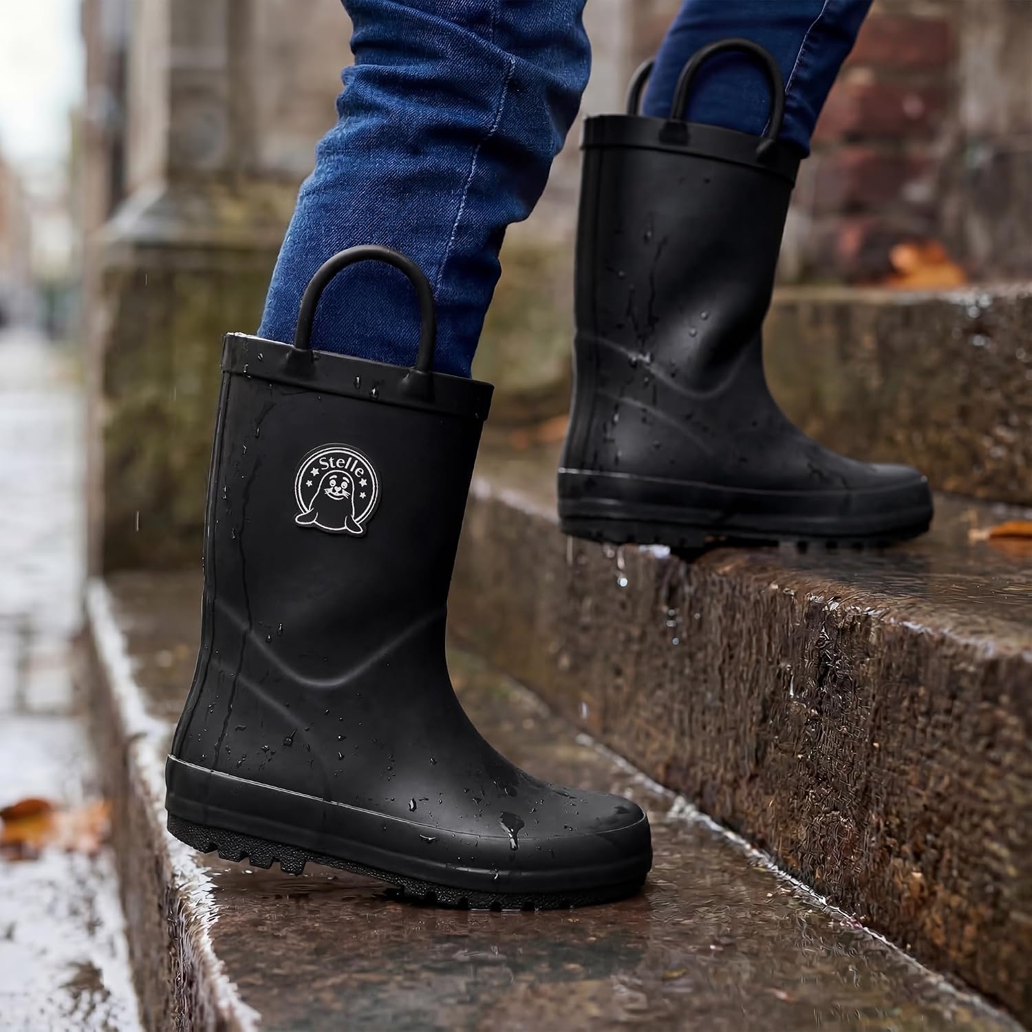 Stelle Kids Rain Boots for Boys Girls Outdoor Play and Rainy Days(Matte Black)