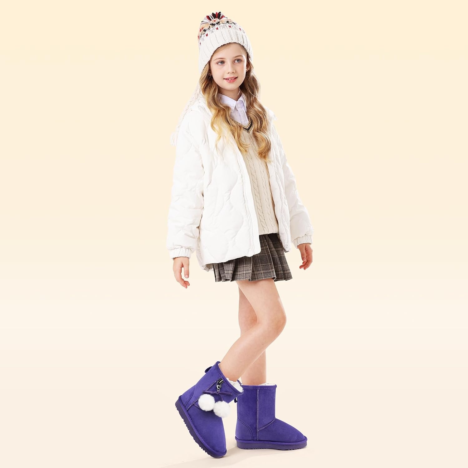 Stelle Girls Boys Boots Kids Snow Winter Boots Outdoor Ankle Warm Slip On Faux Fur Lined Lightweight Shoes(Toddler/Little Kids/Big Kids)(Purple)