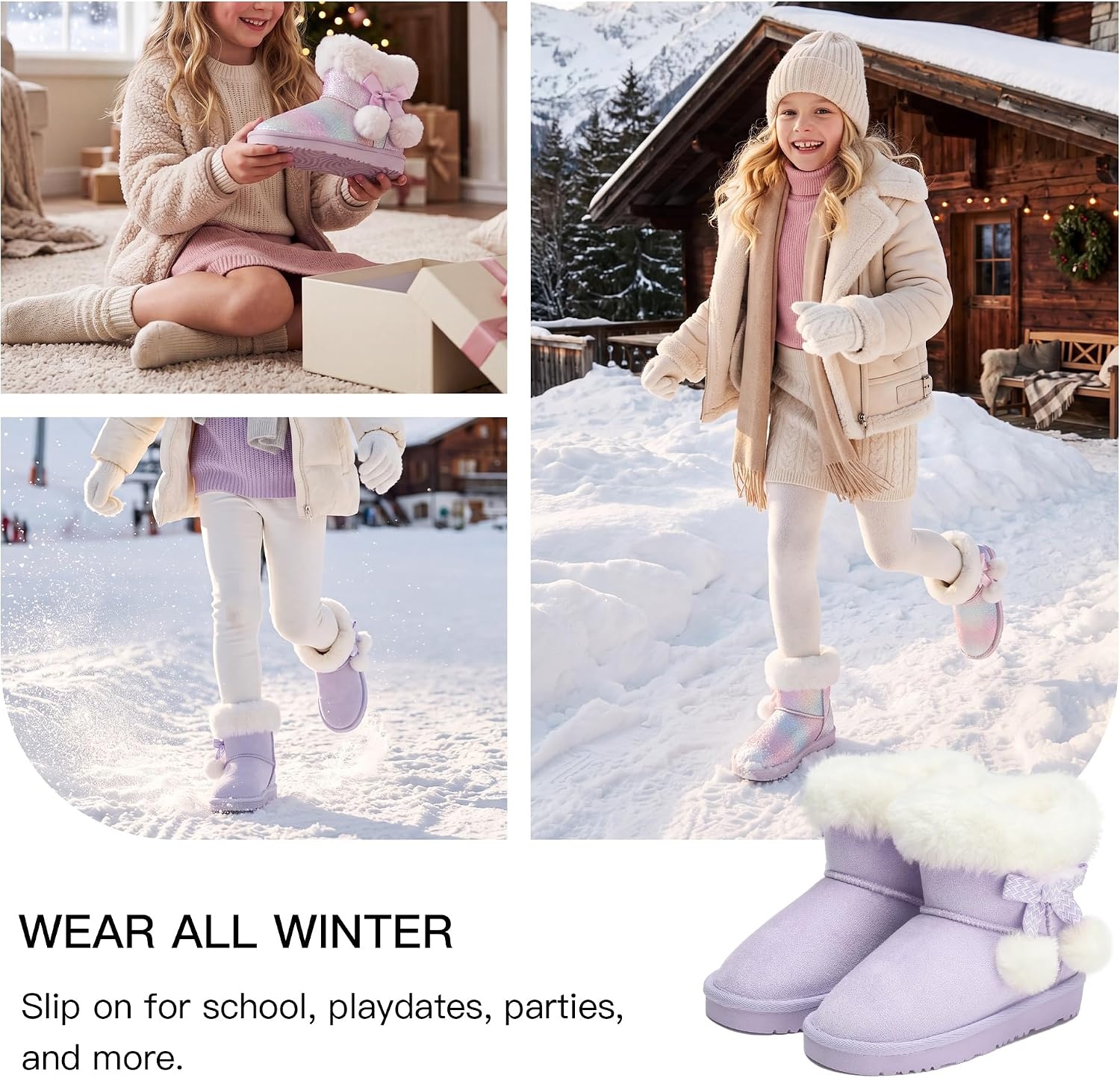 Stelle Girls Winter Boots Fuzzy Snow Boots for Kids | Faux Fur Lined, Cozy & Lightweight, Faux Suede Upper, Easy Pull-On, Non-Slip TPR Outsole, Warm Winter Boots(Lavender)