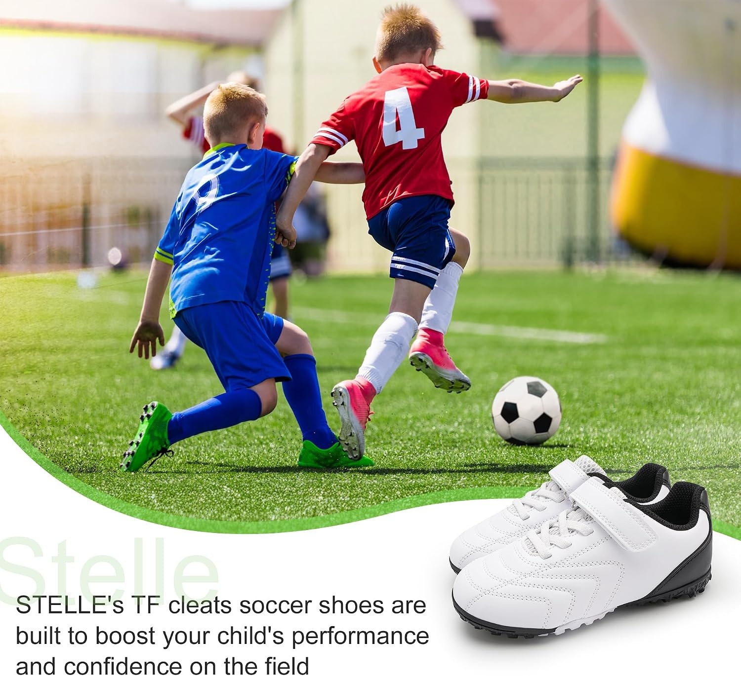 Stelle Baseball Cleats Girls Boys Soccer Shoes Futsal Multi-Sport | Turf Outsole Indoor Soccer&Softball Lightweight Upper Elastic Laces Hook-and-Loop Strap Training&Practice Youth Athletes(White)