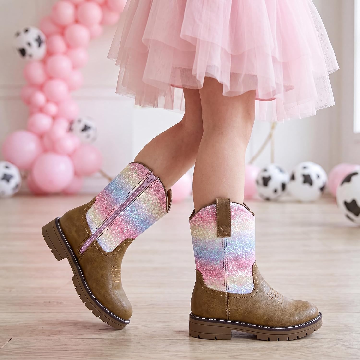 Stelle Kids Cowboy Boots Toddler Girls Boys Western Boots(Rainbow Glitter)