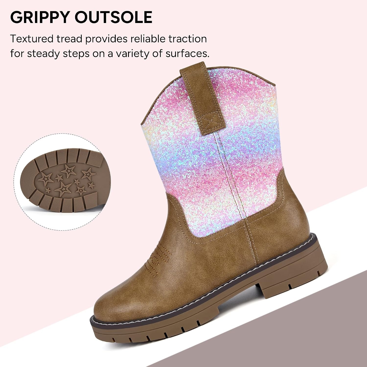 Stelle Kids Cowboy Boots Toddler Girls Boys Western Boots(Rainbow Glitter)